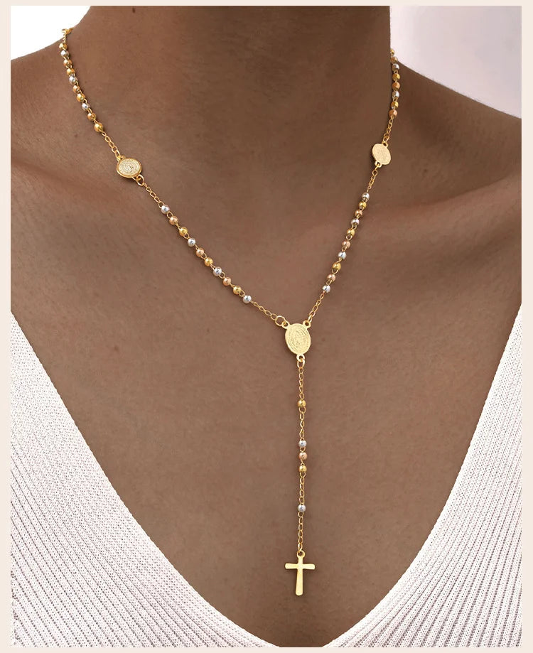 Beads Rosary Necklace Cross Pendant For Women,virgin Mary St Benedict Y Shape Drop Necklace, Protection Jewelry