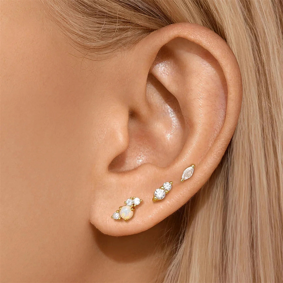 2/6Pcs 20G 18K Golden Plated Tiny Cubic Zerconia Opal Flat Back Stud Ear,Hypoallergenic Cartilage Tragus Helix Earring