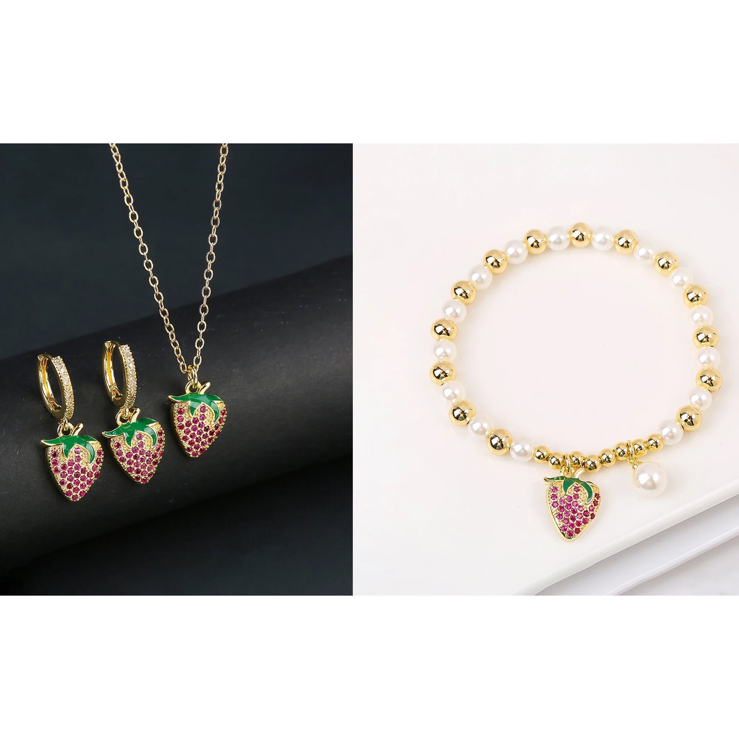 13 Style Choice 3pcs Lucky Red Cherry Crystal Fruit Bracelet Necklace Earrings Jewelry Set Luxury for Women Daily Party Jewelry