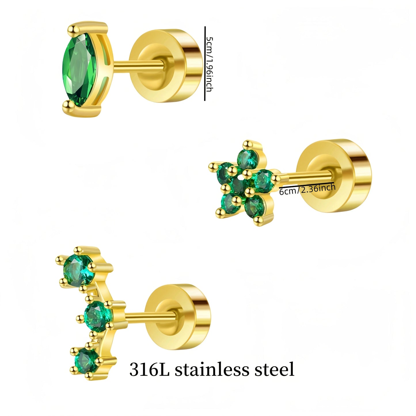 2/6 Pcs 20G 18K Hypoallergenicity Stainless Steel Zircon Stud Earring