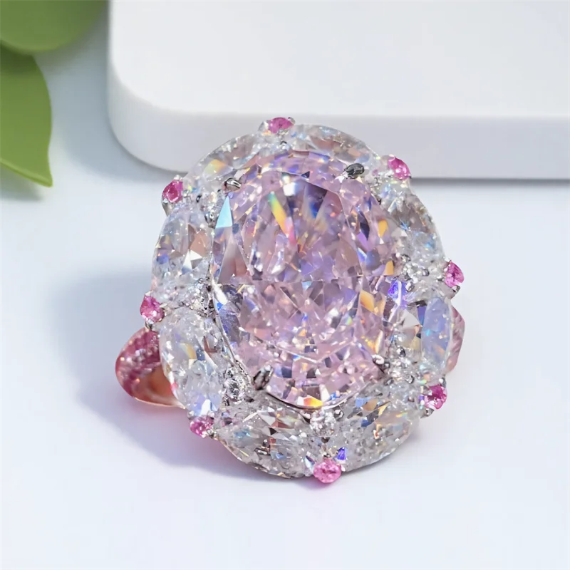 Big Oval Pink Zircon Cute Egg Shape Stone Rings For Women Silver Color Promise Engagement Wedding Bands Bridal Jewelry Girl Gift