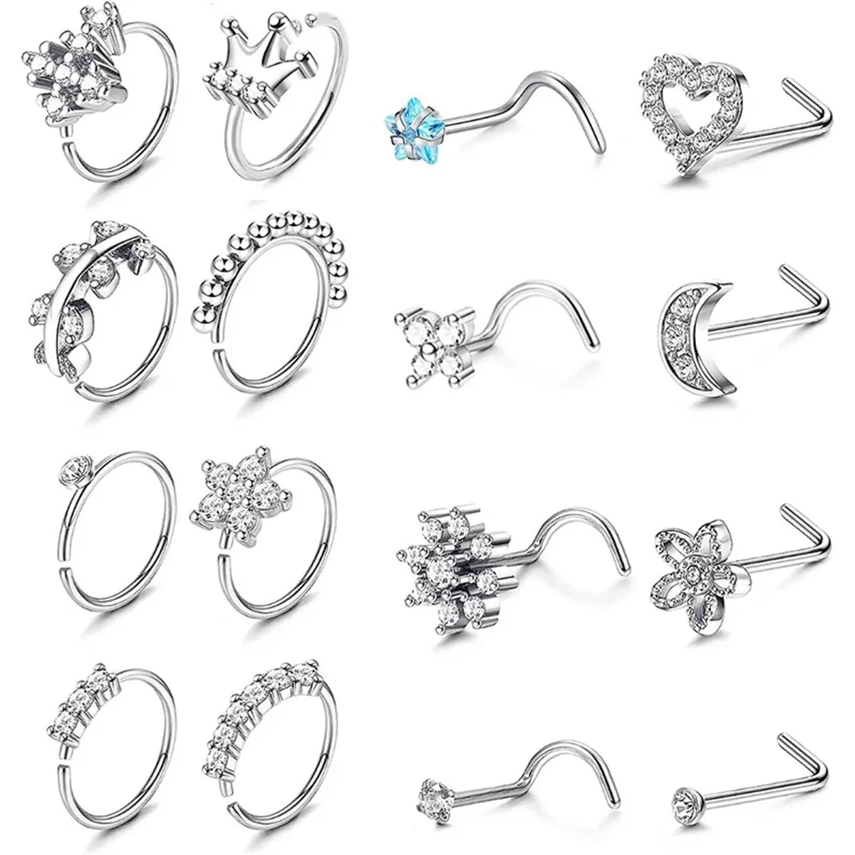 16 Pcs 20G 316 Stainless Steel Hypoallergenic Nose Studs Set