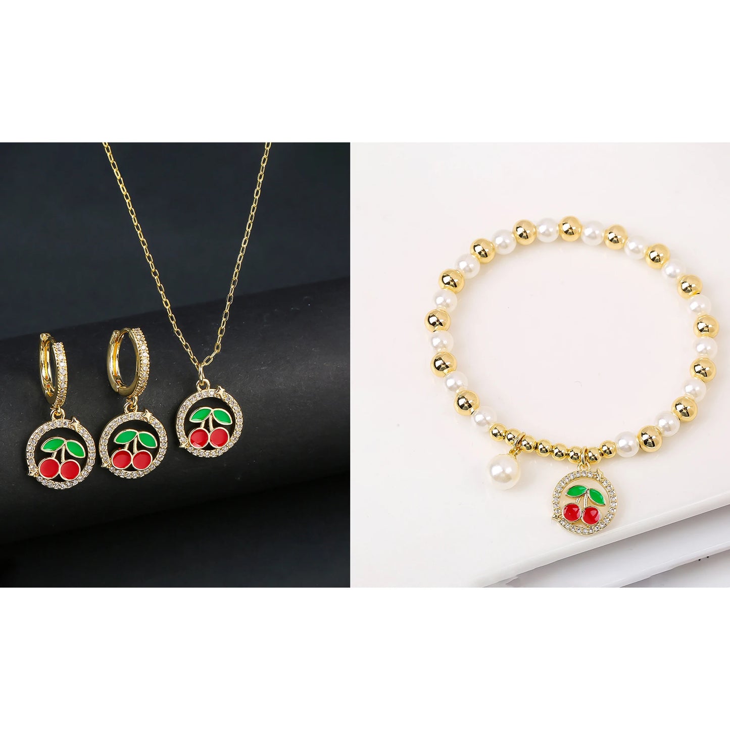 13 Style Choice 3pcs Lucky Red Cherry Crystal Fruit Bracelet Necklace Earrings Jewelry Set Luxury for Women Daily Party Jewelry