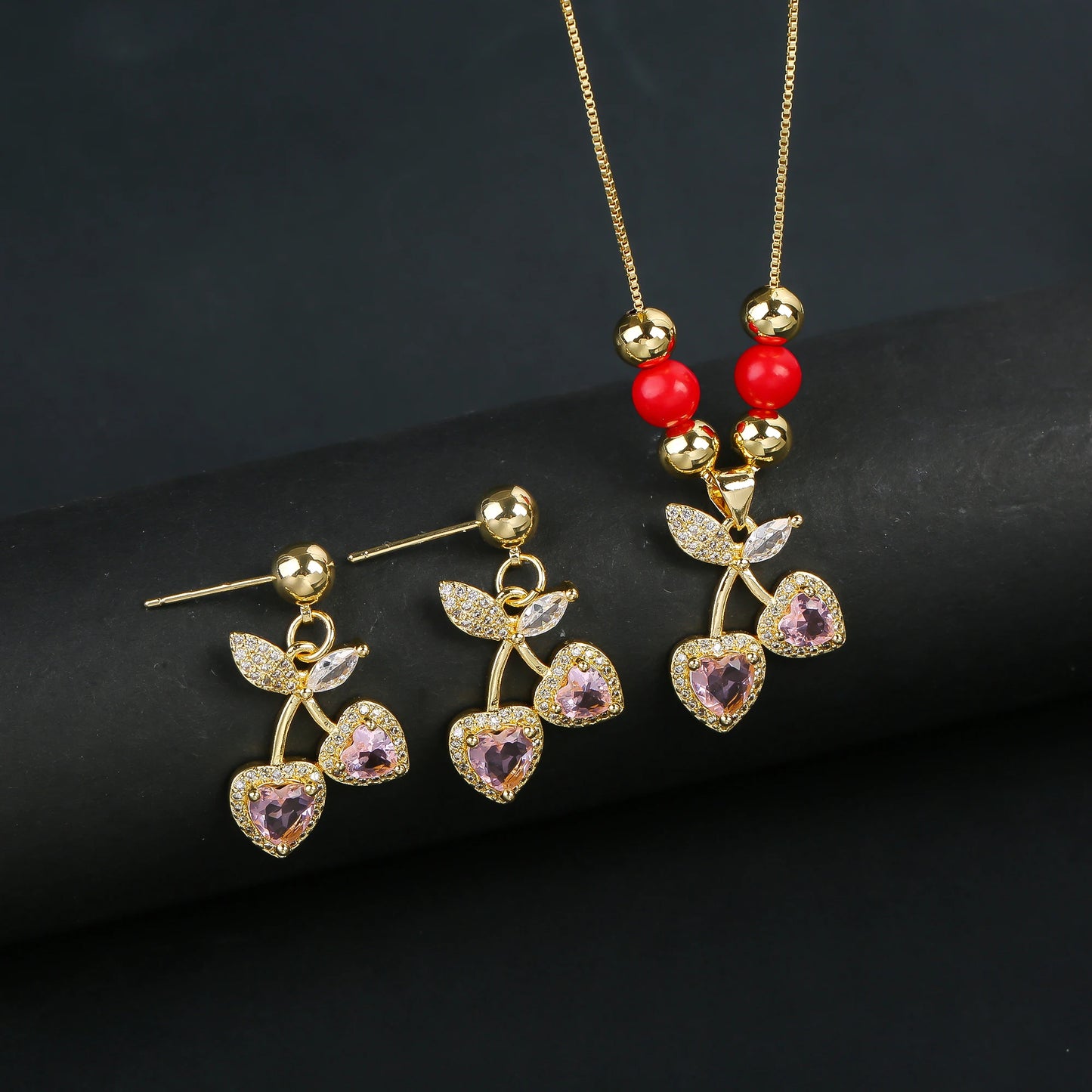 2pcs 22 Style Fashion Fruit Cherry Zircon Crystal Jewelry Set Earrings Necklace For Women Female New Trend Party Jewelry Gift