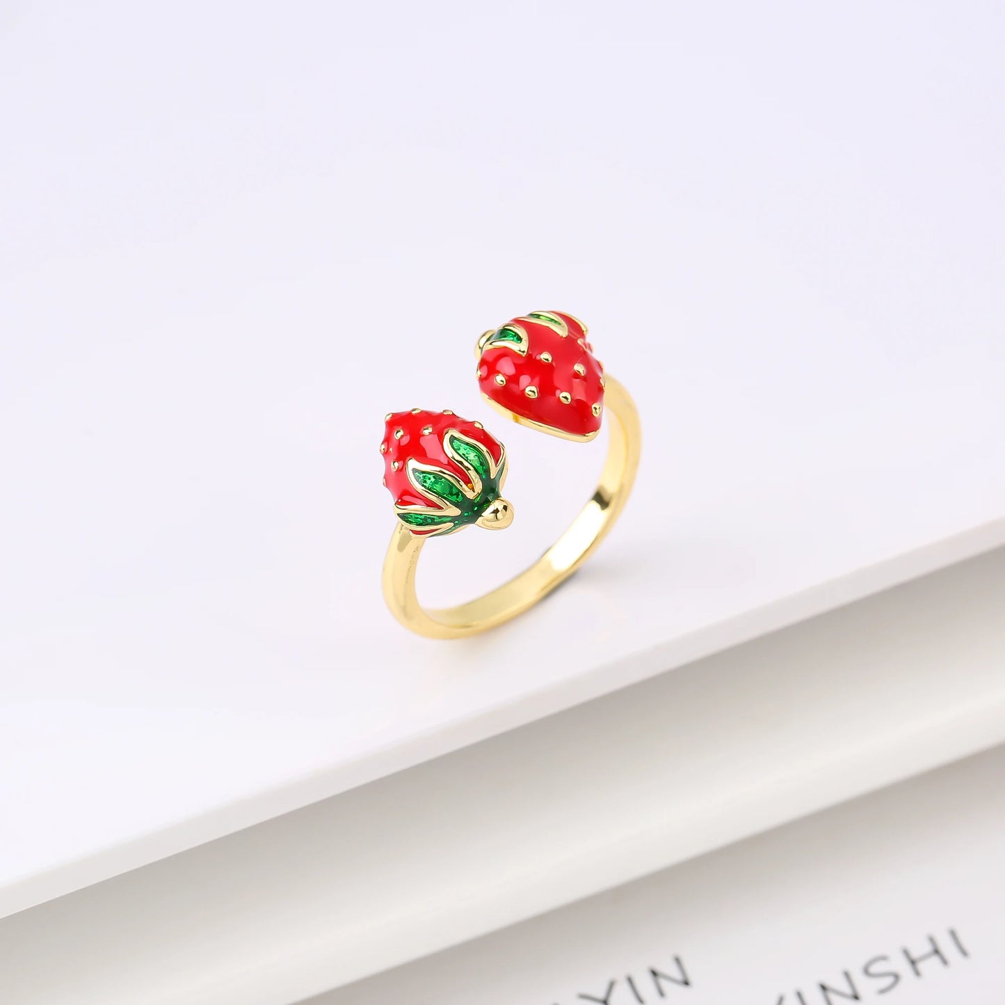 New Creative Copper Oil Drop Red Strawberry Zirconia Ring Charm For Woman Girl Vacation Casual Jewelry Accessories Adjustable