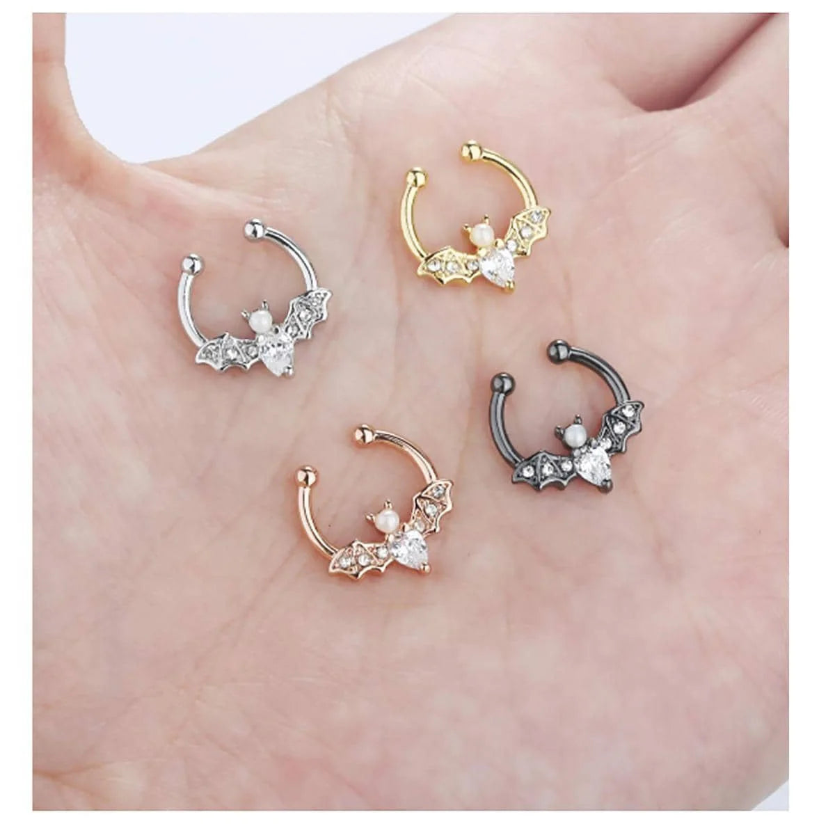 1Pc Fashion Cute Halloween Bat Fake Septum Nose Rings, Clip On Pearl Bat Septum Rings Cubic Zirconia Non Piercing Septum Jewelry