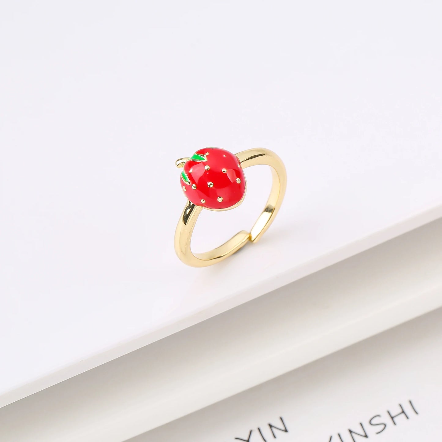 New Creative Copper Oil Drop Red Strawberry Zirconia Ring Charm For Woman Girl Vacation Casual Jewelry Accessories Adjustable