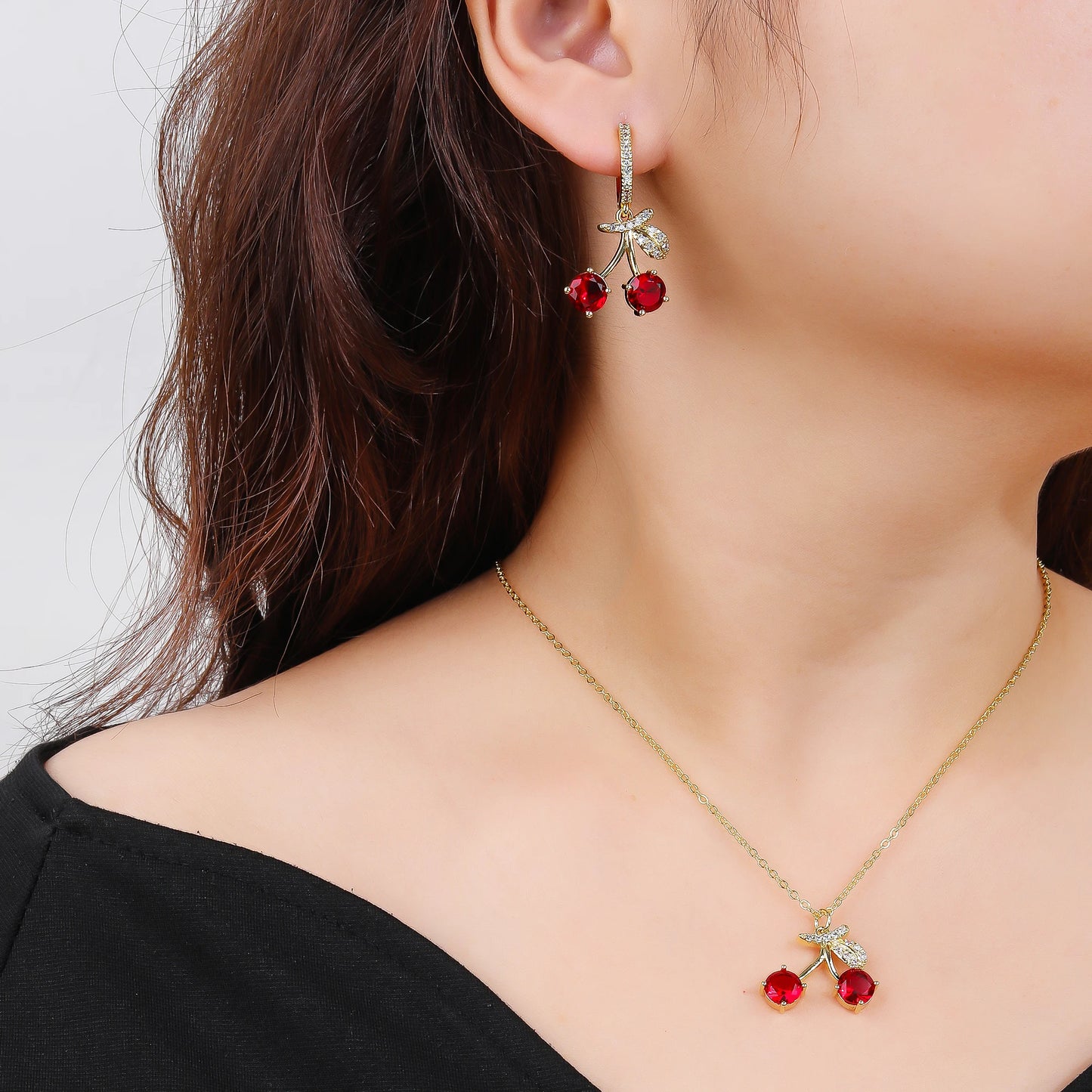 13 Style Choice 3pcs Lucky Red Cherry Crystal Fruit Bracelet Necklace Earrings Jewelry Set Luxury for Women Daily Party Jewelry