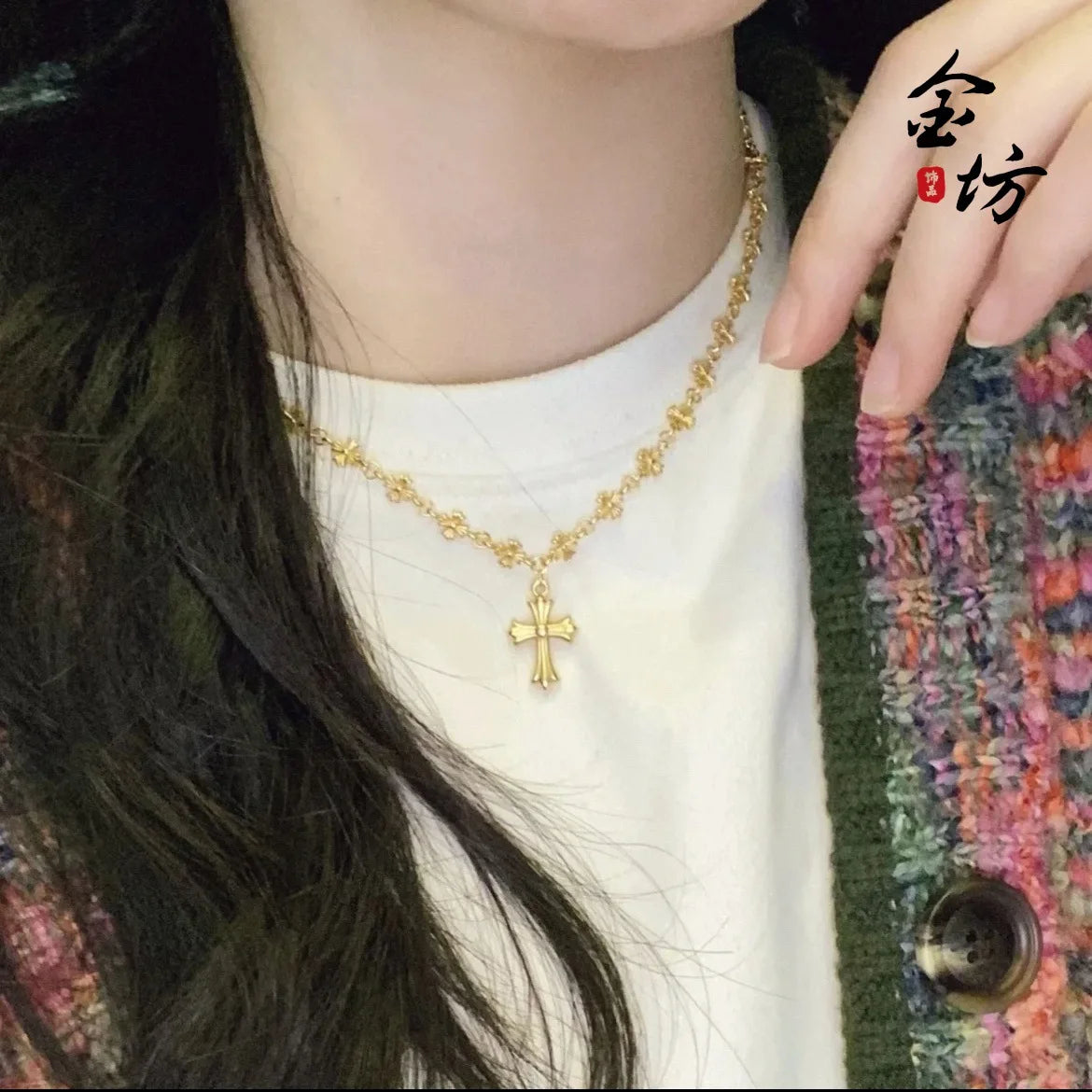 Fashion 9999 24K real gold retro ethnic style golden Crow cross necklace light luxury versatile jewelry for women