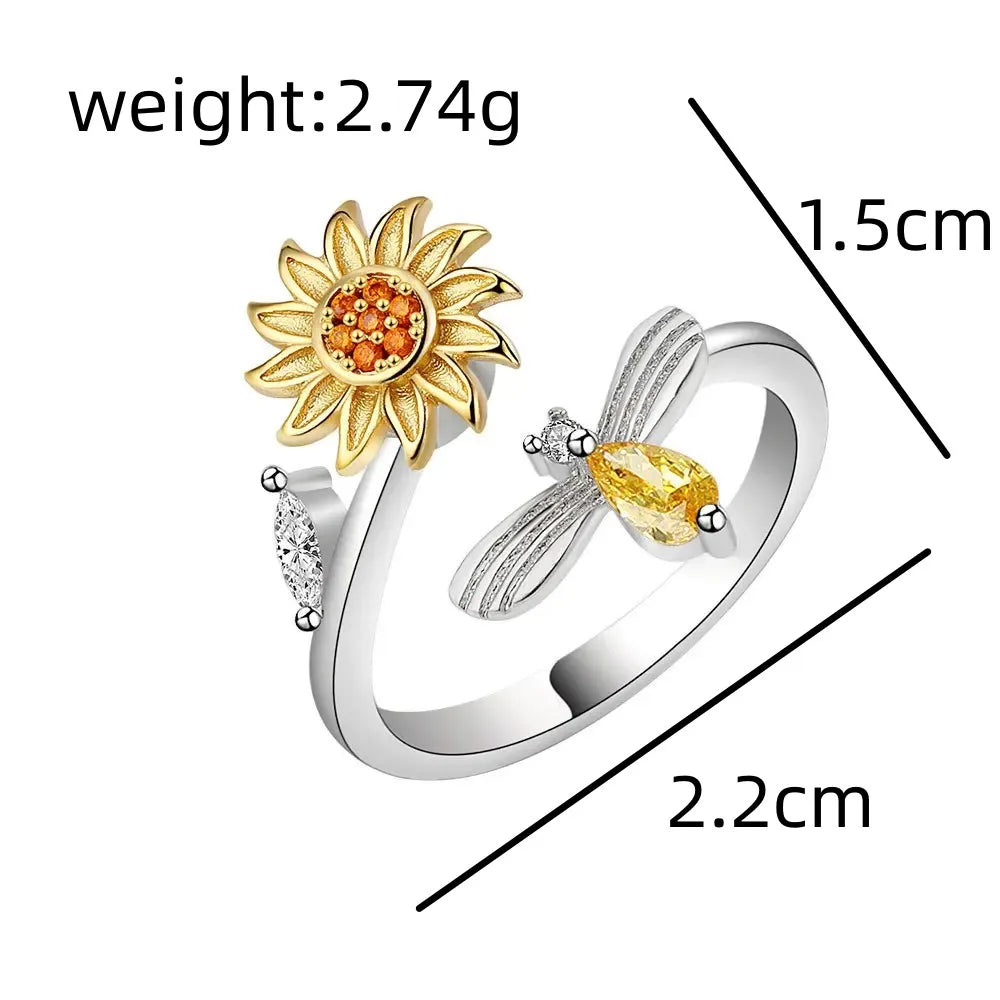 Versatile Flower Rotatable Cubic Zirconia Size Adjustable Rings For Women Gold Copper Metal Ring Party Jewelry