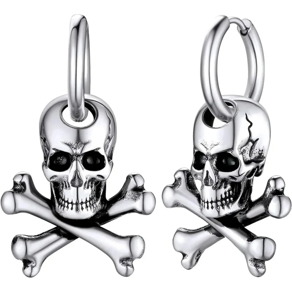 2PCS Hypoallergenic Stainless Steel Vintage Gothic Hollow Three Dimensional Lifelike Skeleton Dangle Huggie Hoop Skull Earrings