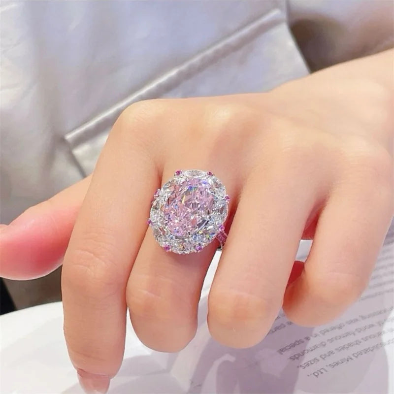 Big Oval Pink Zircon Cute Egg Shape Stone Rings For Women Silver Color Promise Engagement Wedding Bands Bridal Jewelry Girl Gift