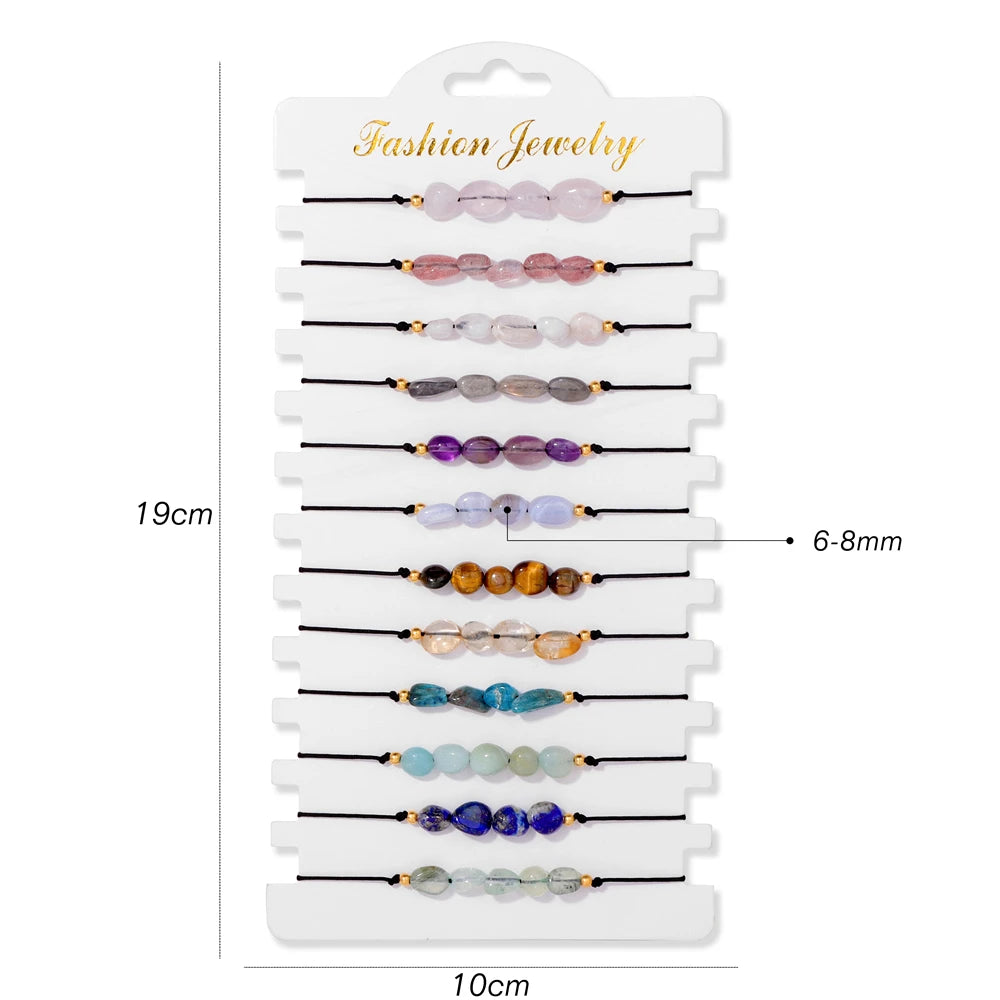 Wholesale 12Pcs/Set Colorful Natural Stone Bracelets Adjustable Rope Braided Bracelet Handmade Bohemia Bracelets with Cards