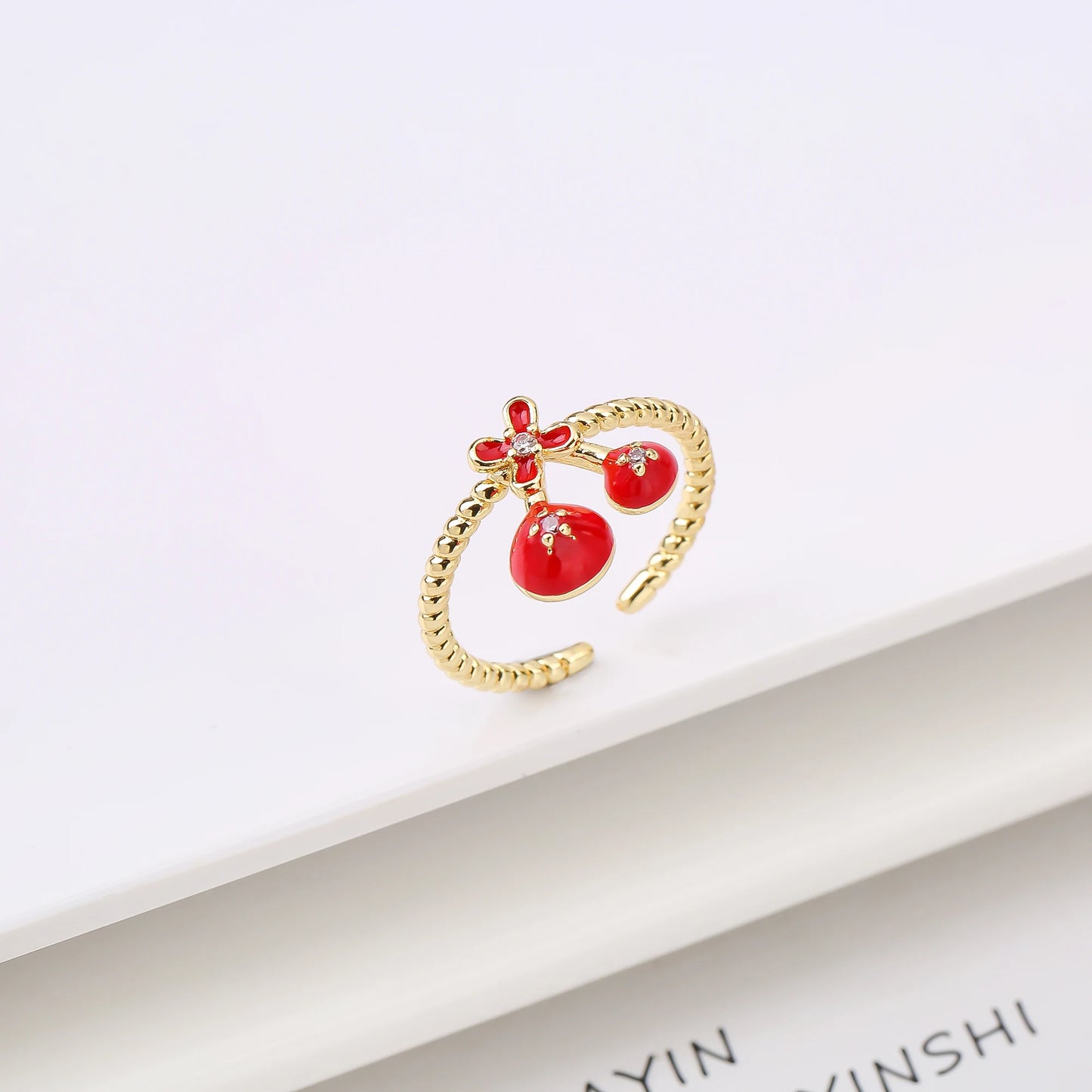 Sweet And Lovely Fruit Cherry Crystal Zirconia Opening Adjustable Ring Simple For Woman Girl Daily Party New Fashion Jewelry
