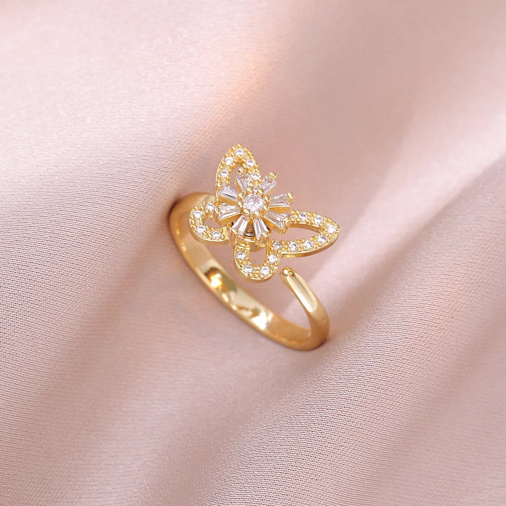 Versatile Flower Rotatable Cubic Zirconia Size Adjustable Rings For Women Gold Copper Metal Ring Party Jewelry