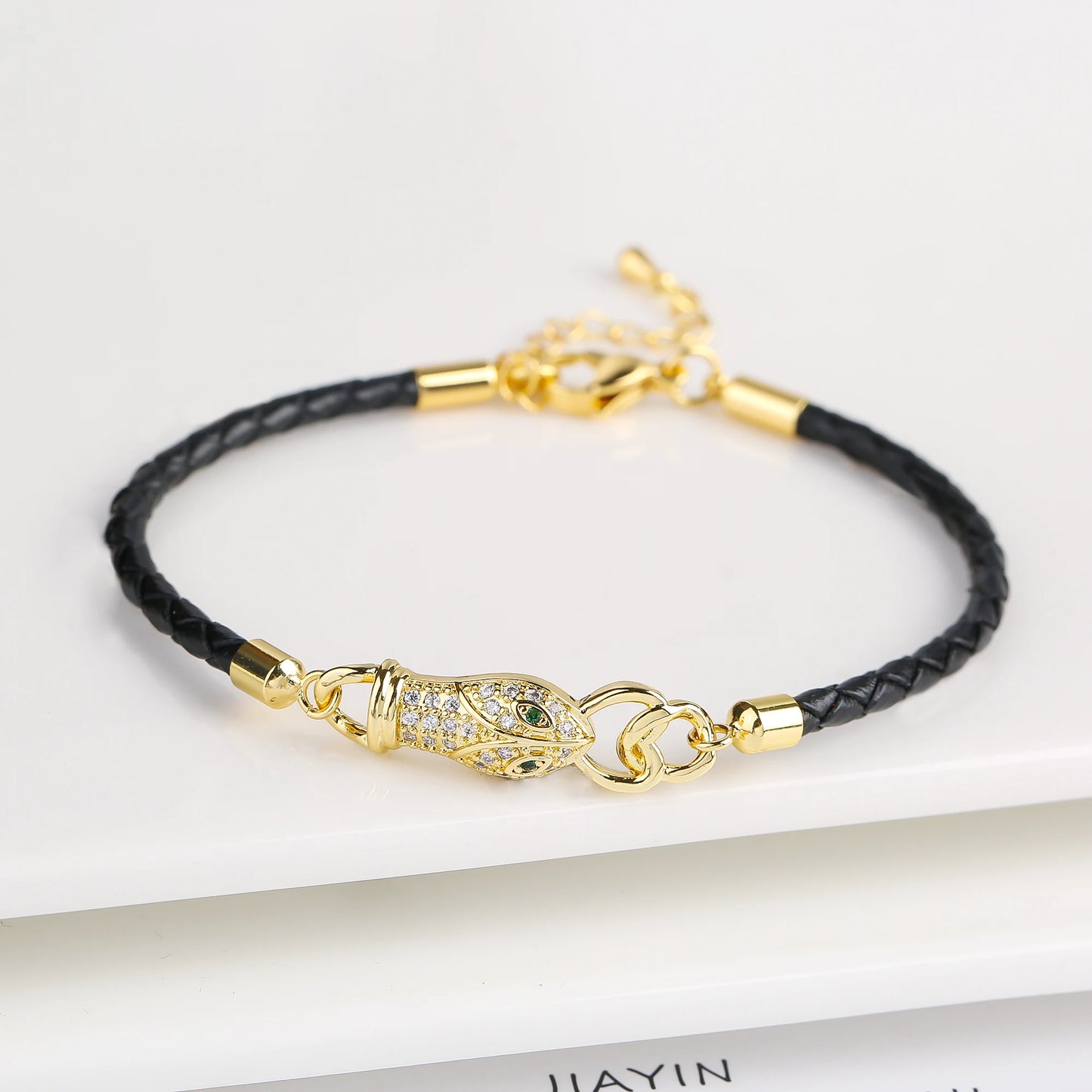 Adjustable Leather Rope Braided Zirconia Animal Leopard Head Bully Bracelet Fashion for Man Woman Party Jewelry Gift Daily Wear