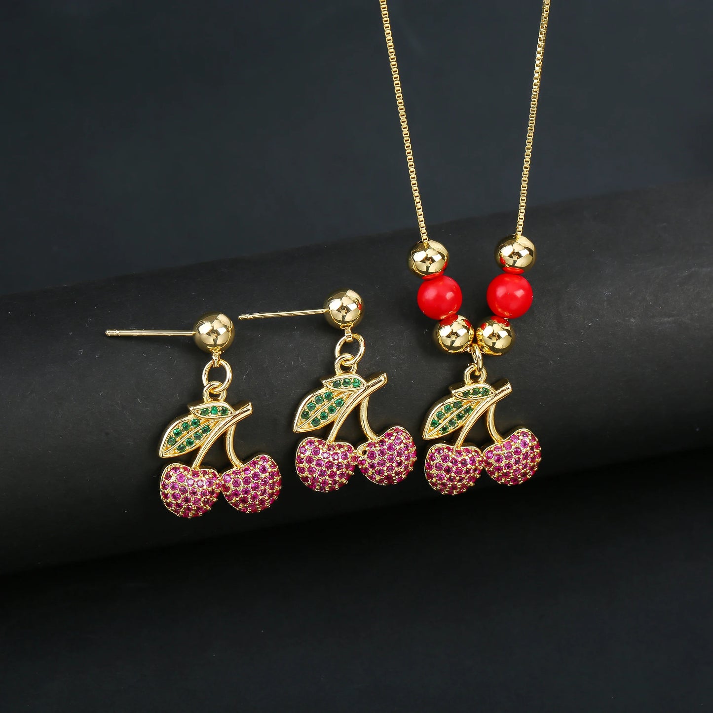 2pcs 22 Style Fashion Fruit Cherry Zircon Crystal Jewelry Set Earrings Necklace For Women Female New Trend Party Jewelry Gift