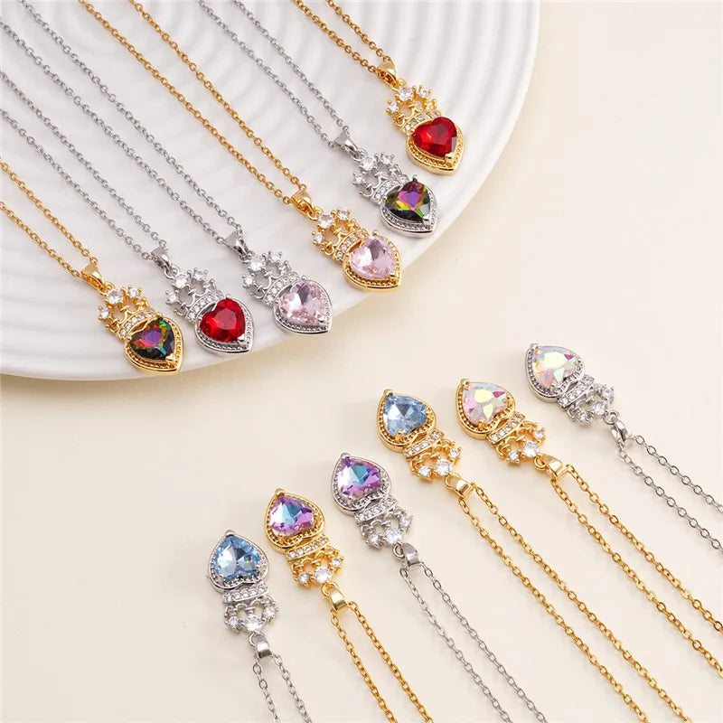 High Grade Crown Heart Zircon Pendant Necklace Stainless Steel Chains Geometric Choker Jewelry Party Gifts For Women Girls