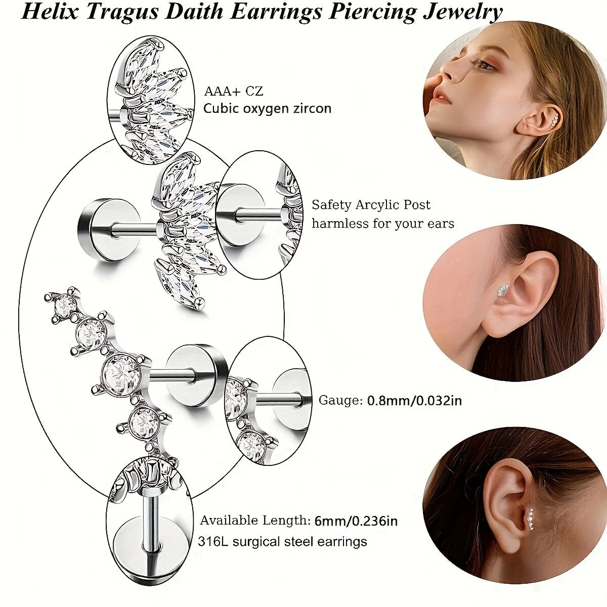 6Pcs 316 Stainless Steel Flat Back Spiral Ear Skull Stud Earrings,Shiny Cubic Zirconia Chain Screw Stud Piercing Jewelry Gifts