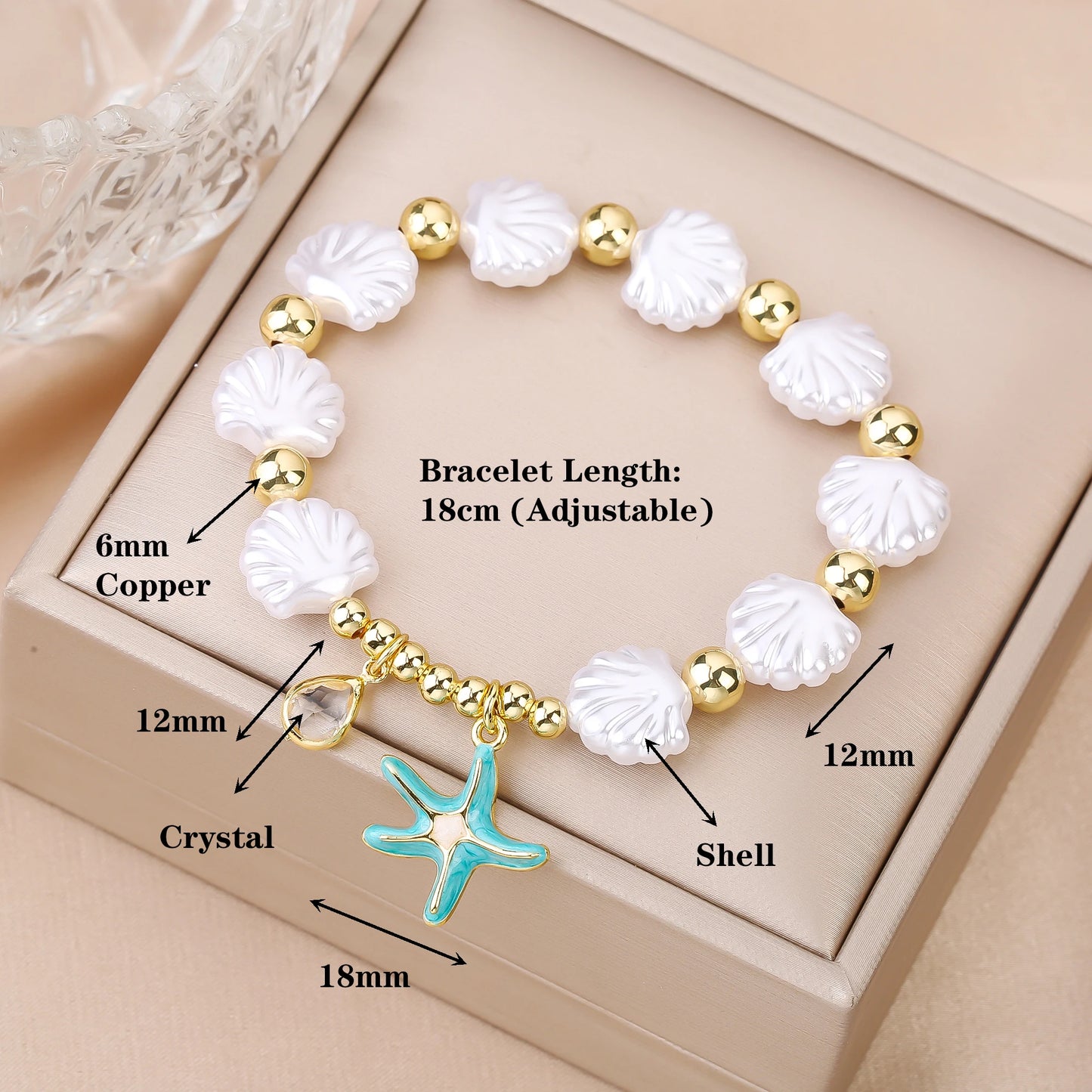 Hot Sale White Shell Woven Starfish Pendant Gold Plated Copper Bead Bracelet Luxury for Woman Girl New Trend Party Jewelry