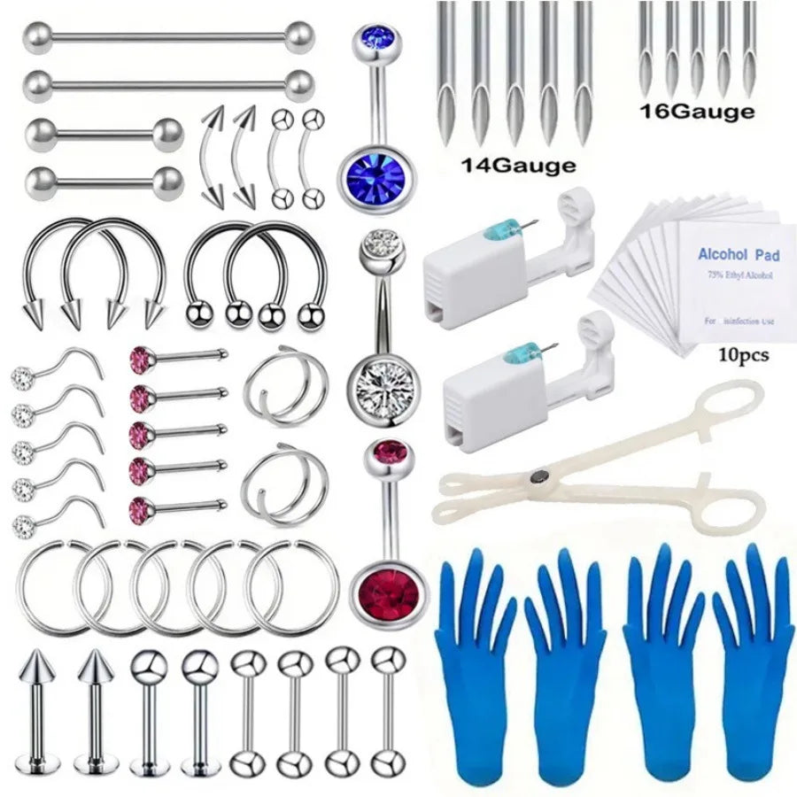 67/70/101/111Pcs Sterile Ear Piercing Kit,Tragus Helix Cartilage No Pain Piercer Tool Machine Set Stud Jewelry