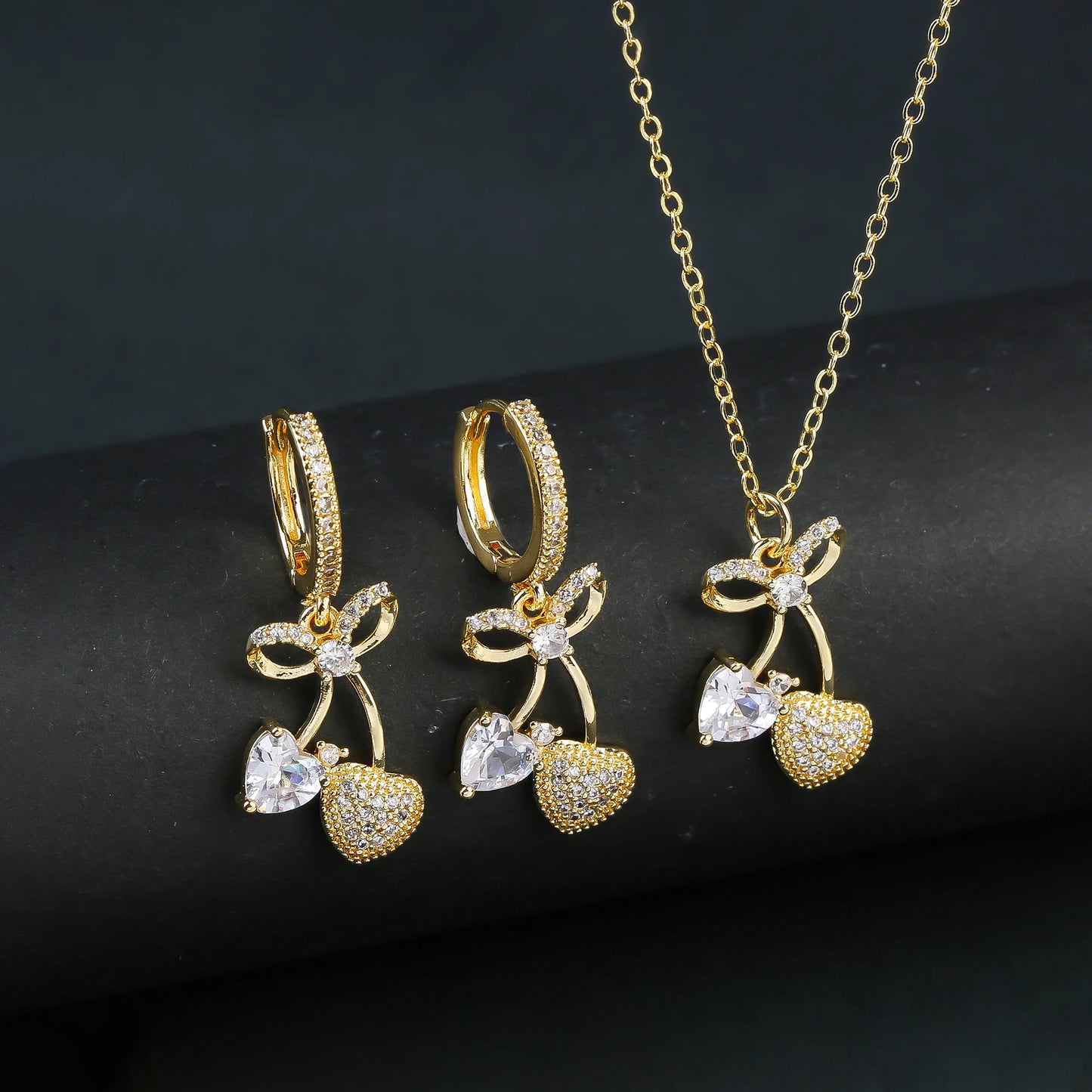 Light Luxury Crystal Zirconia Red Cherry Jewelry Set Earrings Necklace for Women Girls Sweet Jewelry Accessories Party Gifts