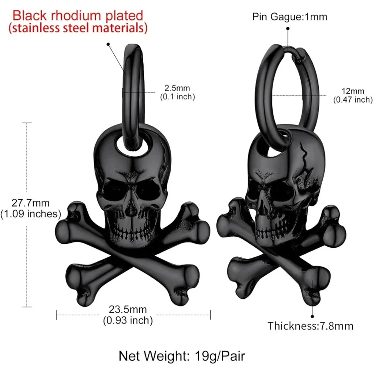 2PCS Hypoallergenic Stainless Steel Vintage Gothic Hollow Three Dimensional Lifelike Skeleton Dangle Huggie Hoop Skull Earrings
