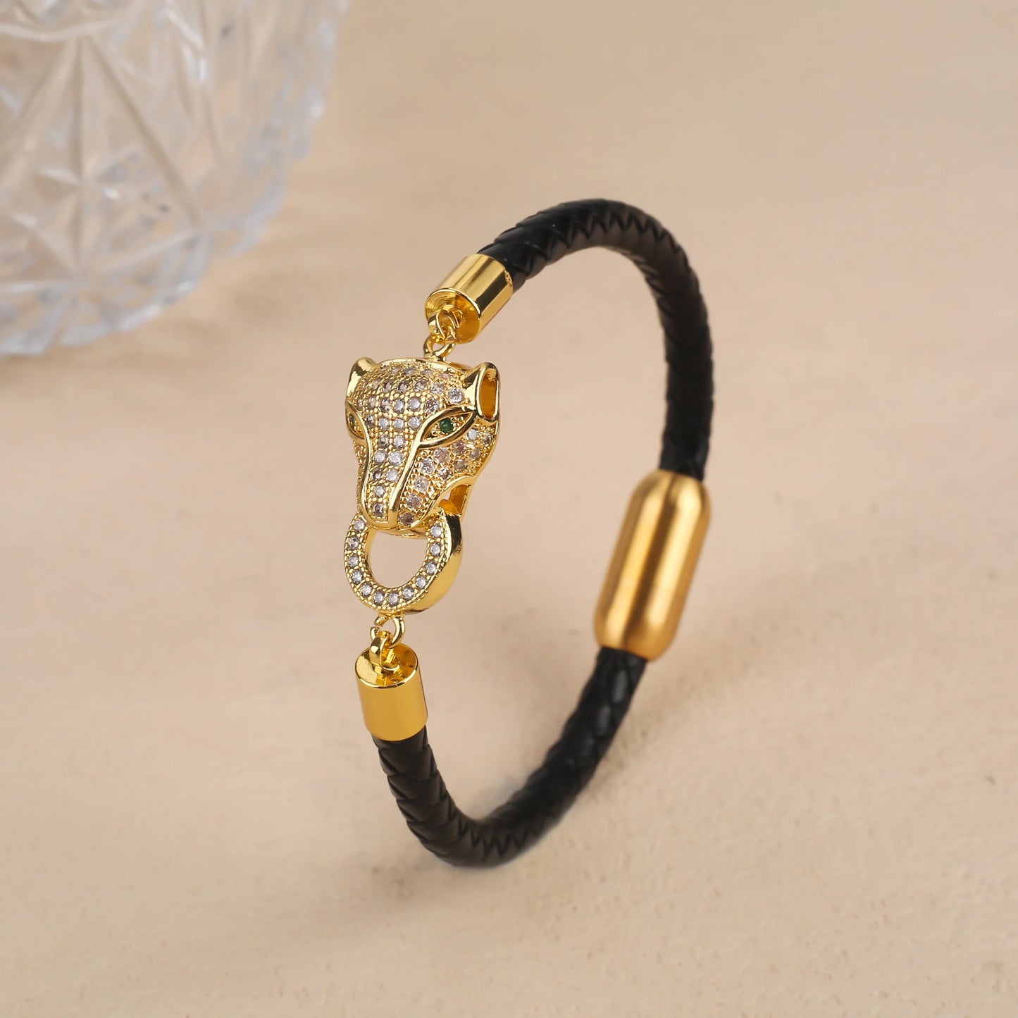 Bully Animal Style Leopard Head Braided Leather Rope Bracelet Fashion for Man Woman Stainless Steel Zirconia Jewelry Daily Wear