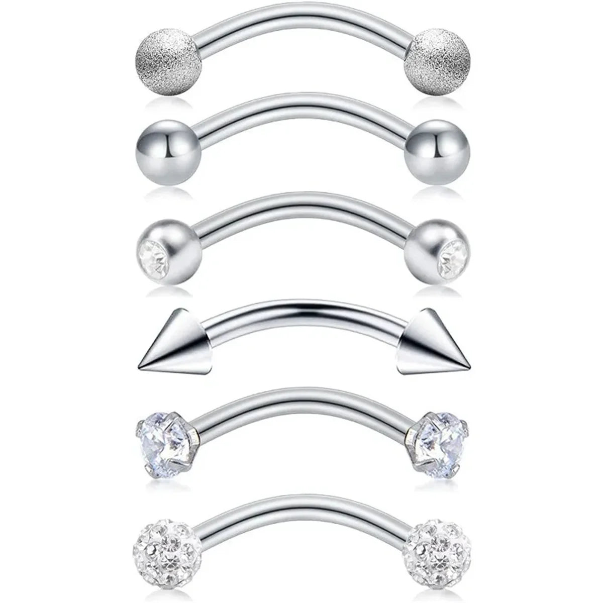 6Pcs Elegant Fashion 316 Stainless Steel Curved Barbell Eyebrow Ring,Inlaid Shiny Zircon Belly Lip Ring Body Piercing Jewelry