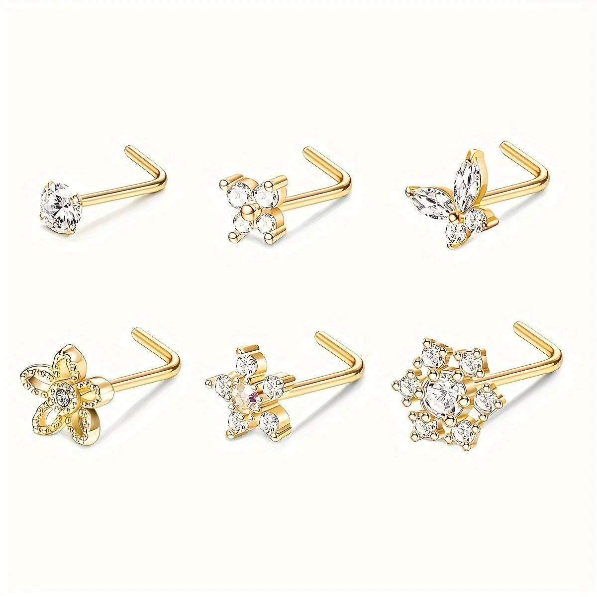 6Pcs 20G 316 Stainless Steel Elegant Screw Nose Rings for Women,Shiny Cubic Zirconia - L-shaped L Shape Nose Piercings Jewelry