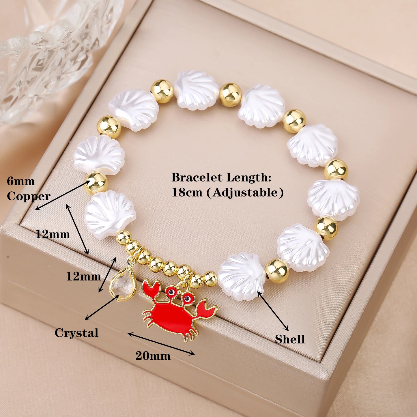 New Trend White Shell Shape Beads Stretch Bracelet Ocean Theme Fish Crab Tree Beetle Charm Gold Color Copper Beads Bracelet