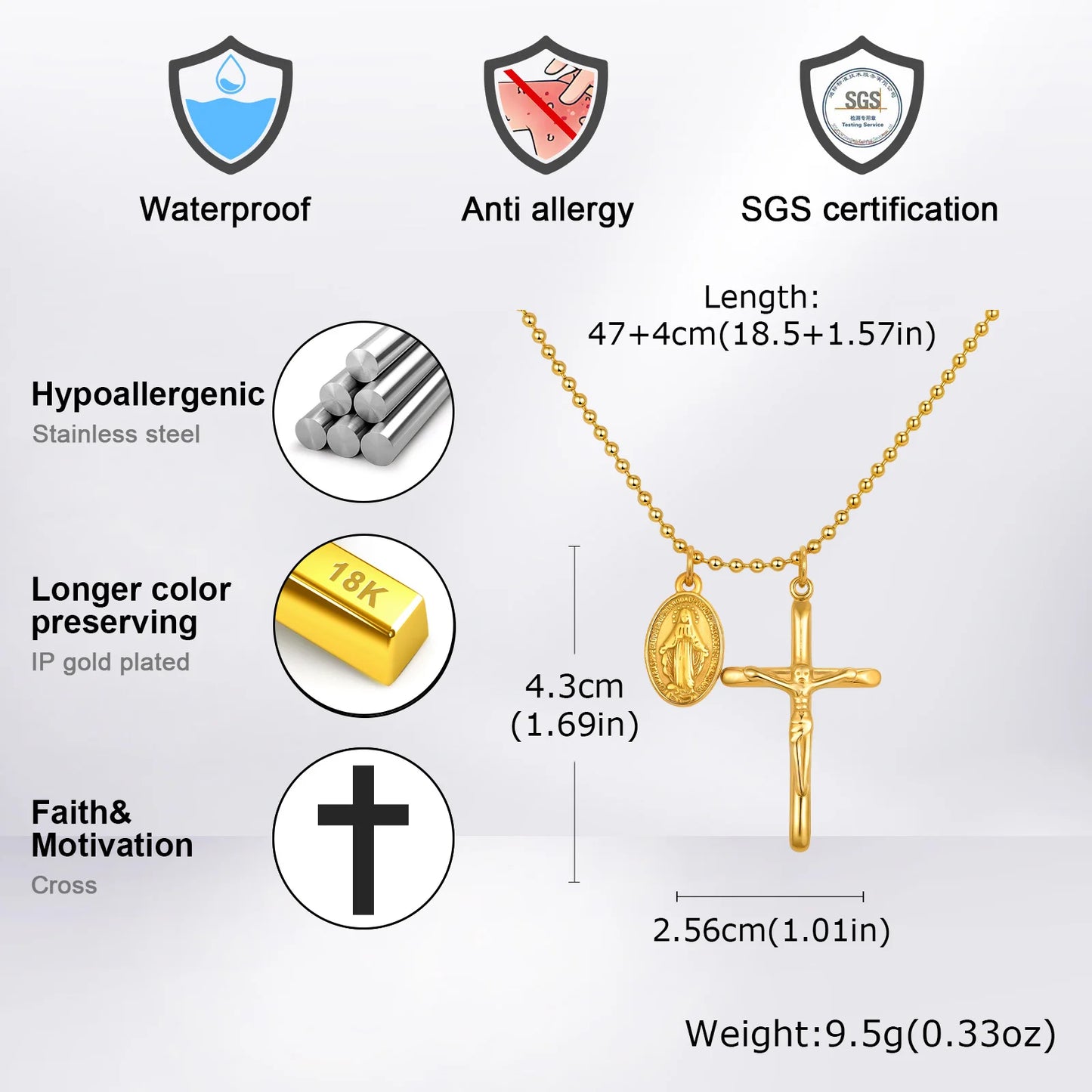Catholic Cross Necklace for Men Boys,Gold Plated Stainless Steel Virgin Mary Prayer Necklace, Religious Faith Jewelry Gift
