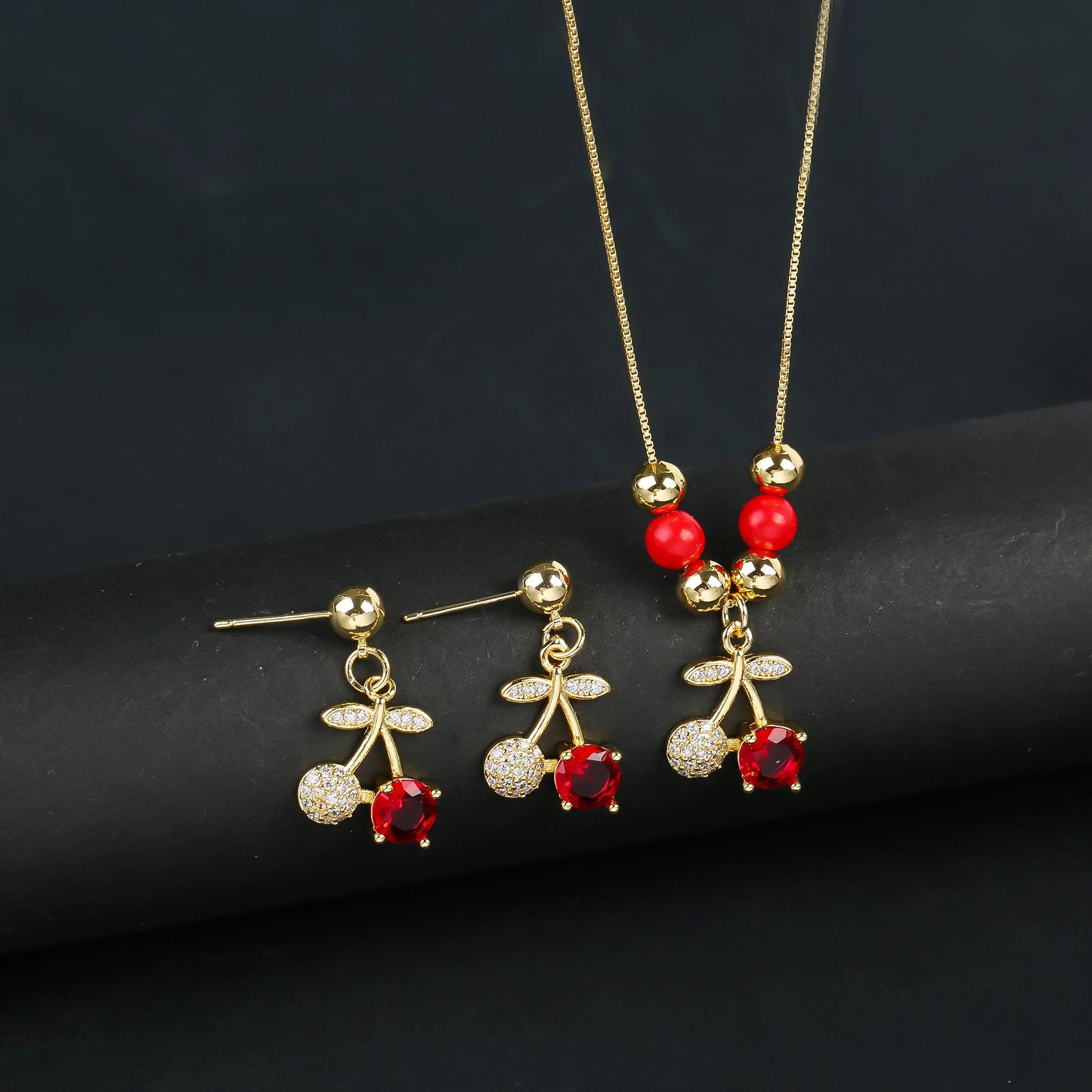 2pcs 22 Style Fashion Fruit Cherry Zircon Crystal Jewelry Set Earrings Necklace For Women Female New Trend Party Jewelry Gift