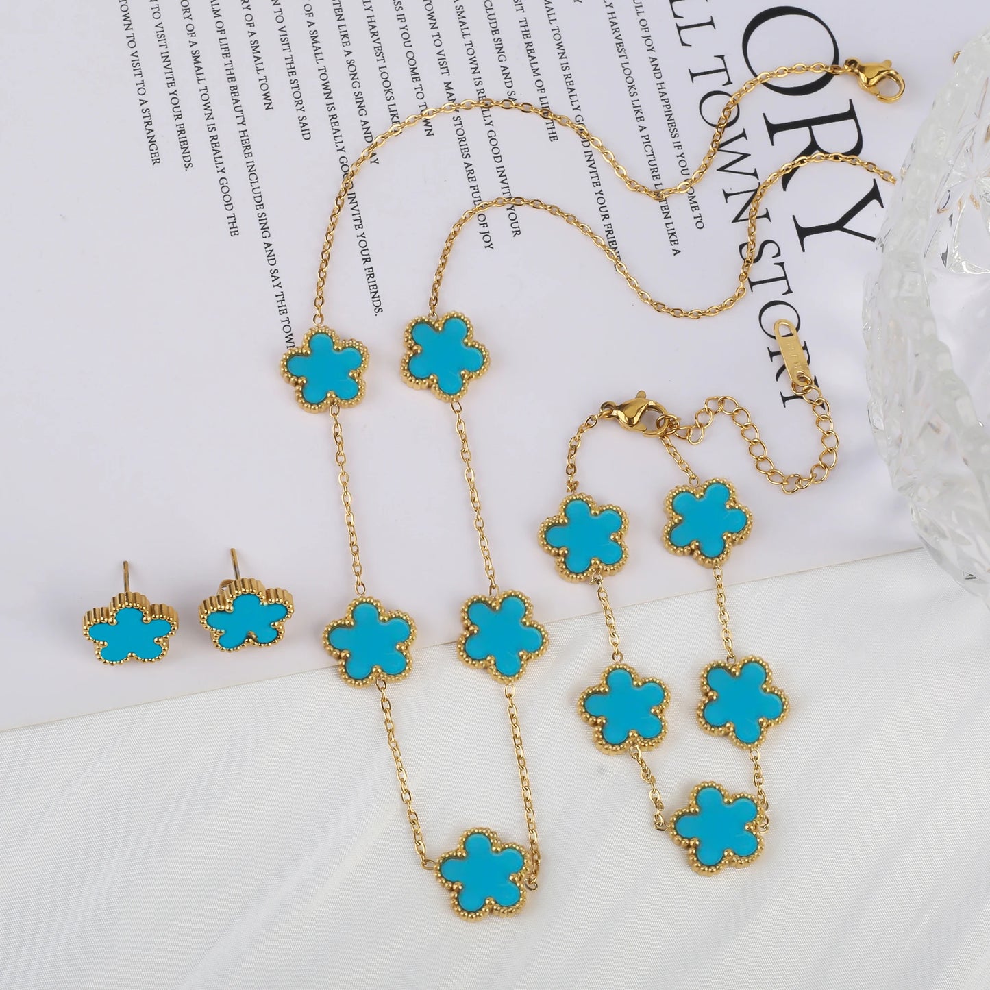 3Pcs Luxury Stainless Steel Five Leaf Flower Jewelry Set Bracelet Necklace Earrings Classic for Women Daily Party Jewelry Clover