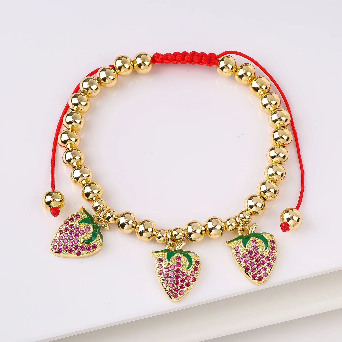 Gold Plated 6mm Copper Bead Chain Braided Fruit Cherry Crystal Adjustable Bracelet New Fashion Woman Girl Daily Wear Jewelry