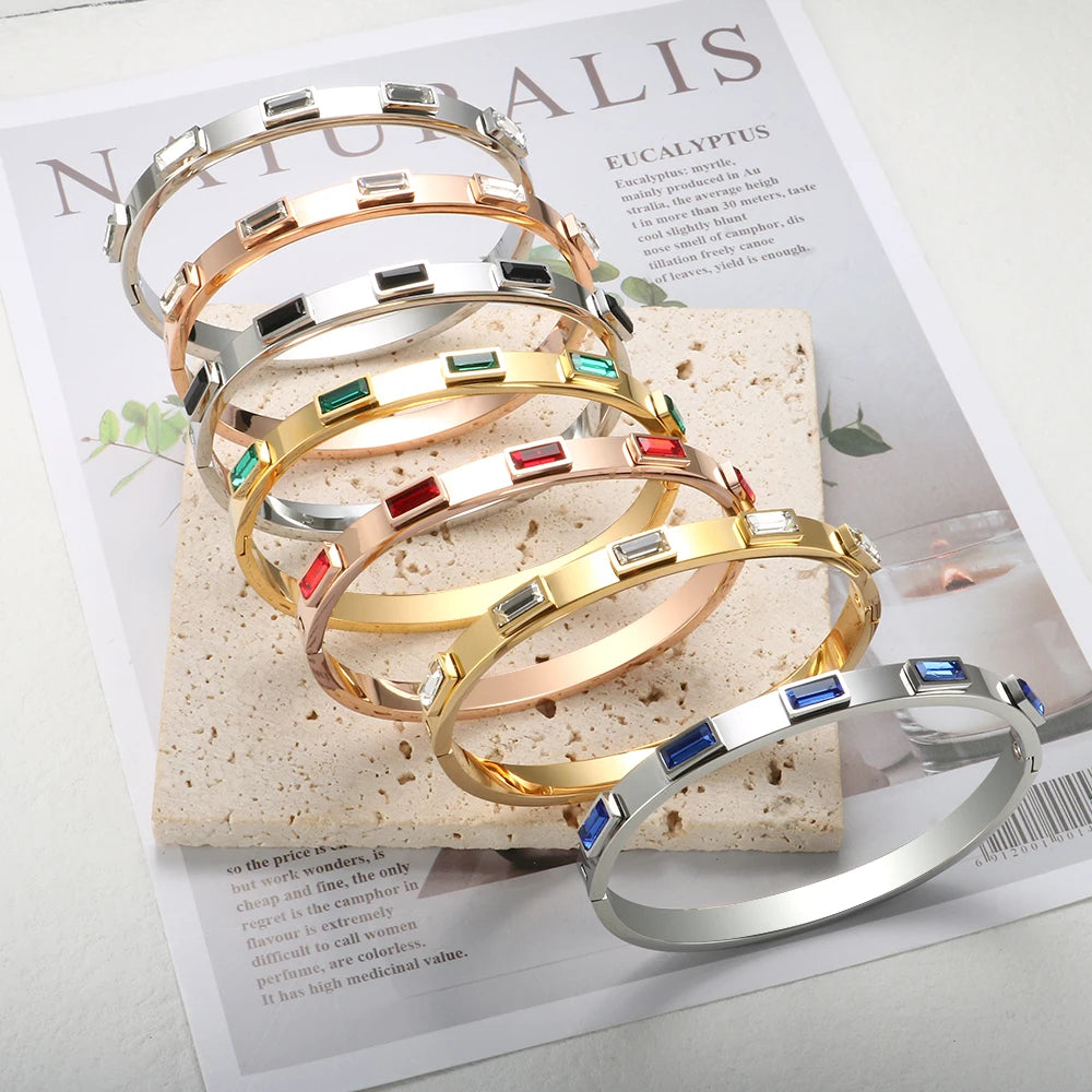 Luxury Open Cuff Bangles Bracelets Crystal Zirconia Rose Gold Color Stainless Steel Bracelet for Women Men Fashion Jewelry
