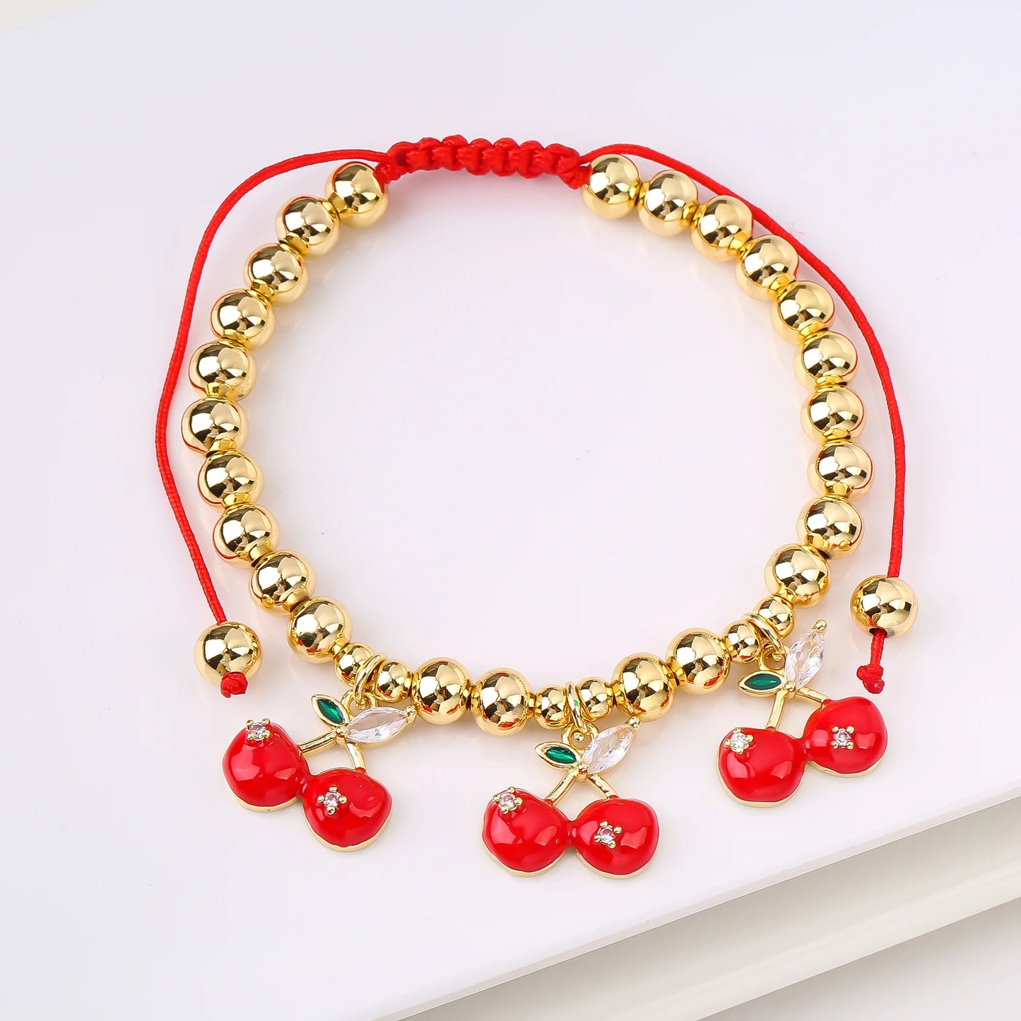 Gold Plated 6mm Copper Bead Chain Braided Fruit Cherry Crystal Adjustable Bracelet New Fashion Woman Girl Daily Wear Jewelry