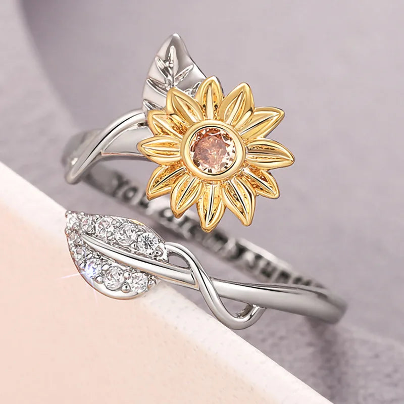 Versatile Flower Rotatable Cubic Zirconia Size Adjustable Rings For Women Gold Copper Metal Ring Party Jewelry
