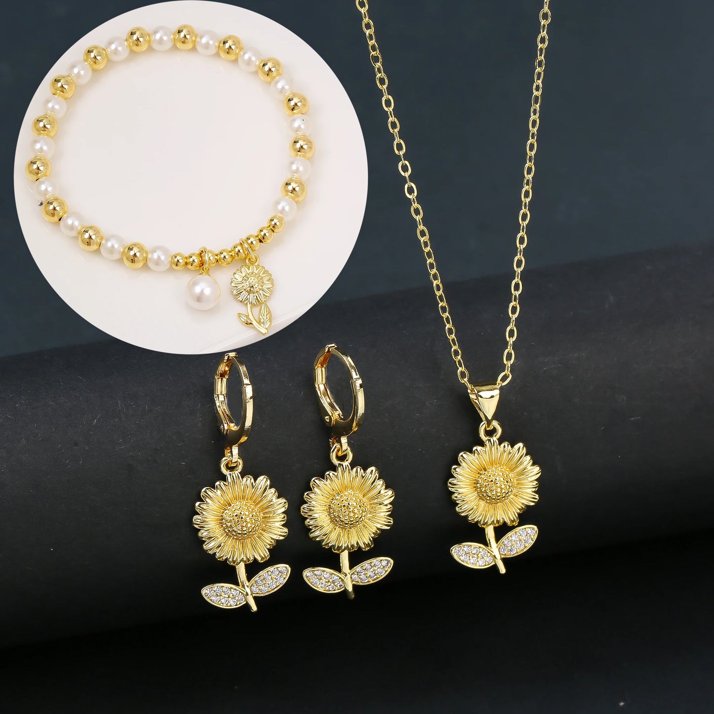 3pcs Lucky Plant Sunflower Rose Flower Necklace Jewelry Set Bracelet Earrings Charming for Women Girls Party Birthday Jewelry