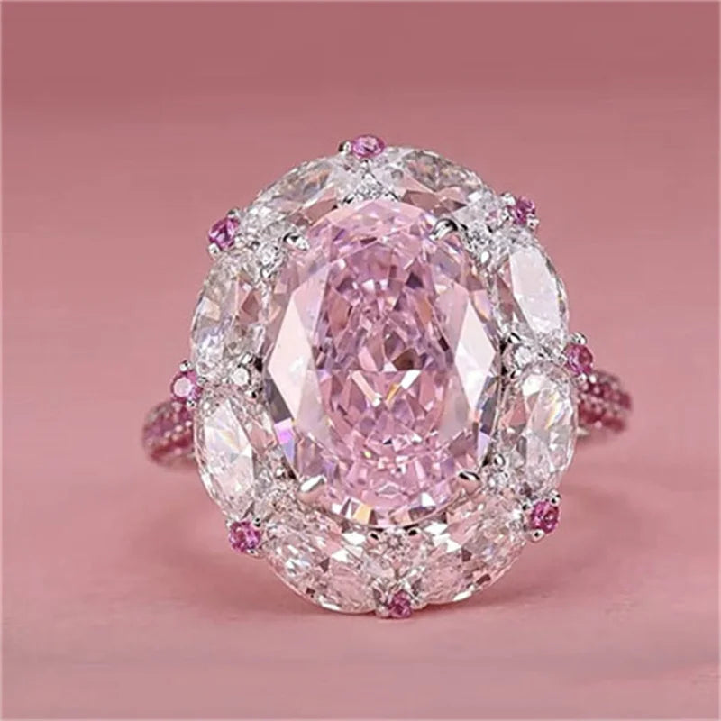 Big Oval Pink Zircon Cute Egg Shape Stone Rings For Women Silver Color Promise Engagement Wedding Bands Bridal Jewelry Girl Gift
