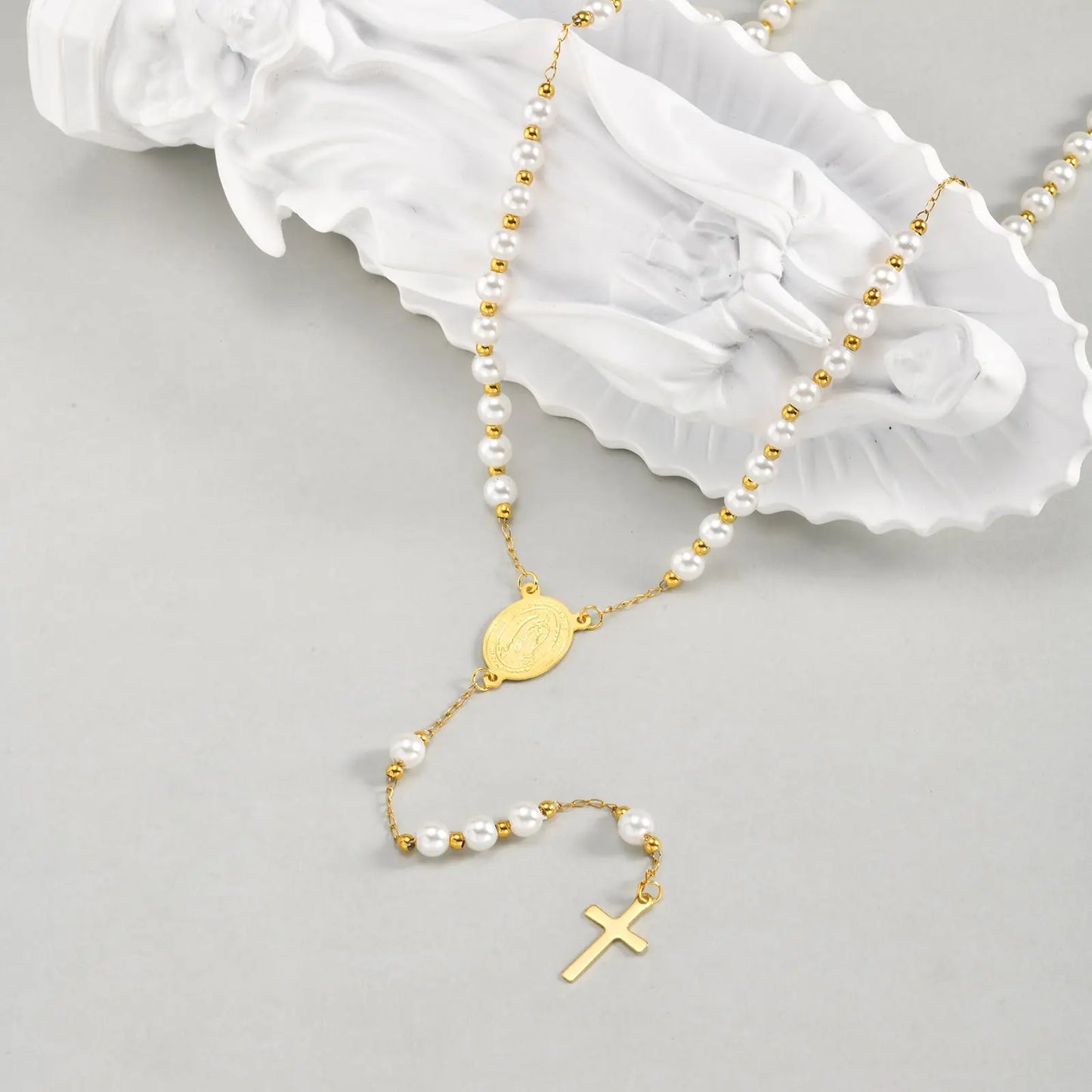 Imitation Pearl Beaded Chain Holy Virgin Mary Y-Shaped Necklace, Stainless Steel Cross Pendant Necklace,Religious Prayer Jewelry