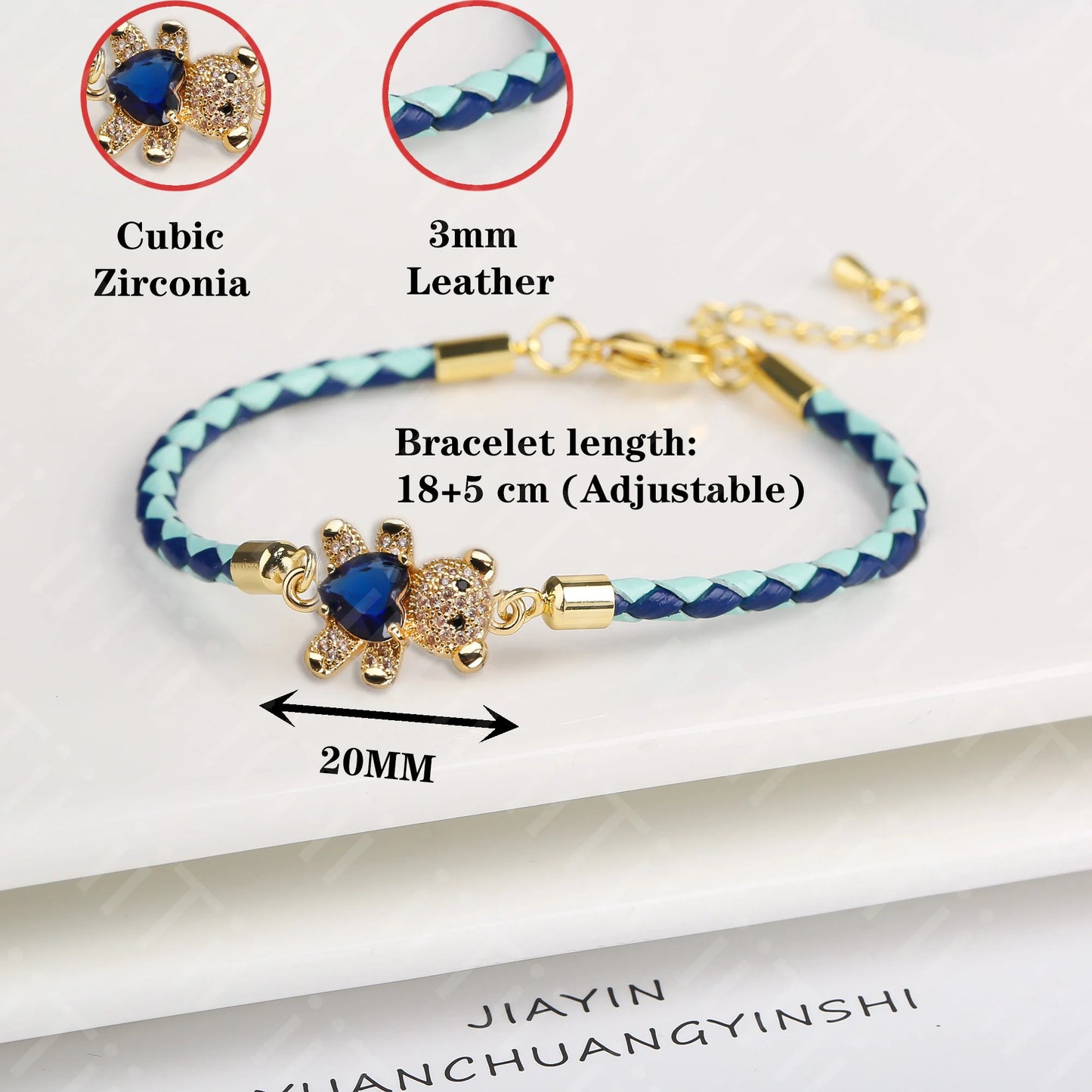 Adjustable Cute Crystal Cubic Zirconia Bear Leather Rope Bracelet Classic for Woman Girl Wrist Jewelry Daily Wear Drop Shipping