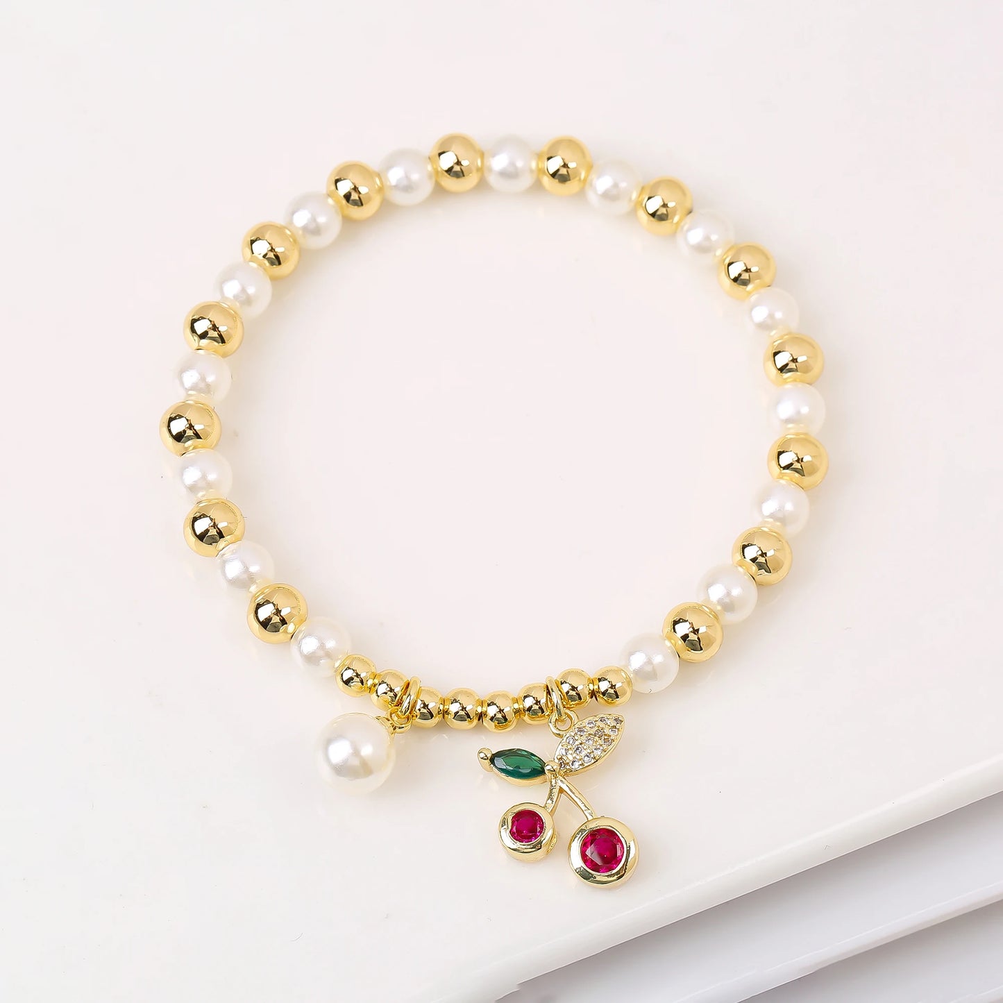 Trendy Crystal Cherry Shape Heart Copper Beads Chain Pearls Bracelet For Women 15 Styles Choice Daily Versatile Jewelry Gift