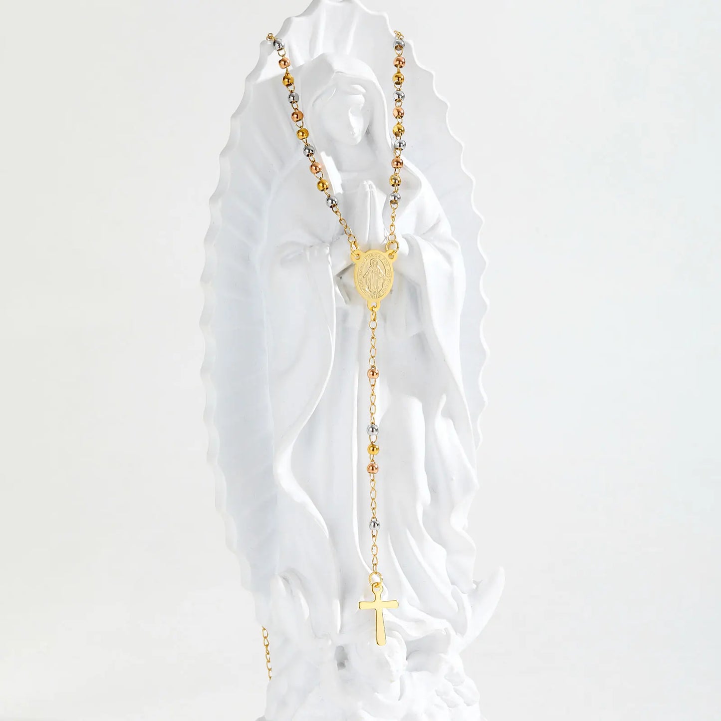 Tri-color Beaded Virgin Mary Y-shaped Necklace, Holy Spirit Cross Pendant Necklace for Women, Stainless Steel Religious Jewelry