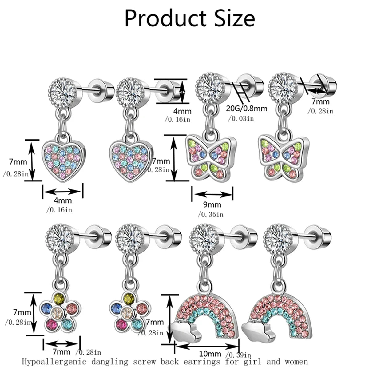 2/8pcs Hypoallergenic Heart Flower Dangle Screw Back Earrings,Flat Back Ear Studs Butterfly Cartilage Tragus Piercing Jewelry