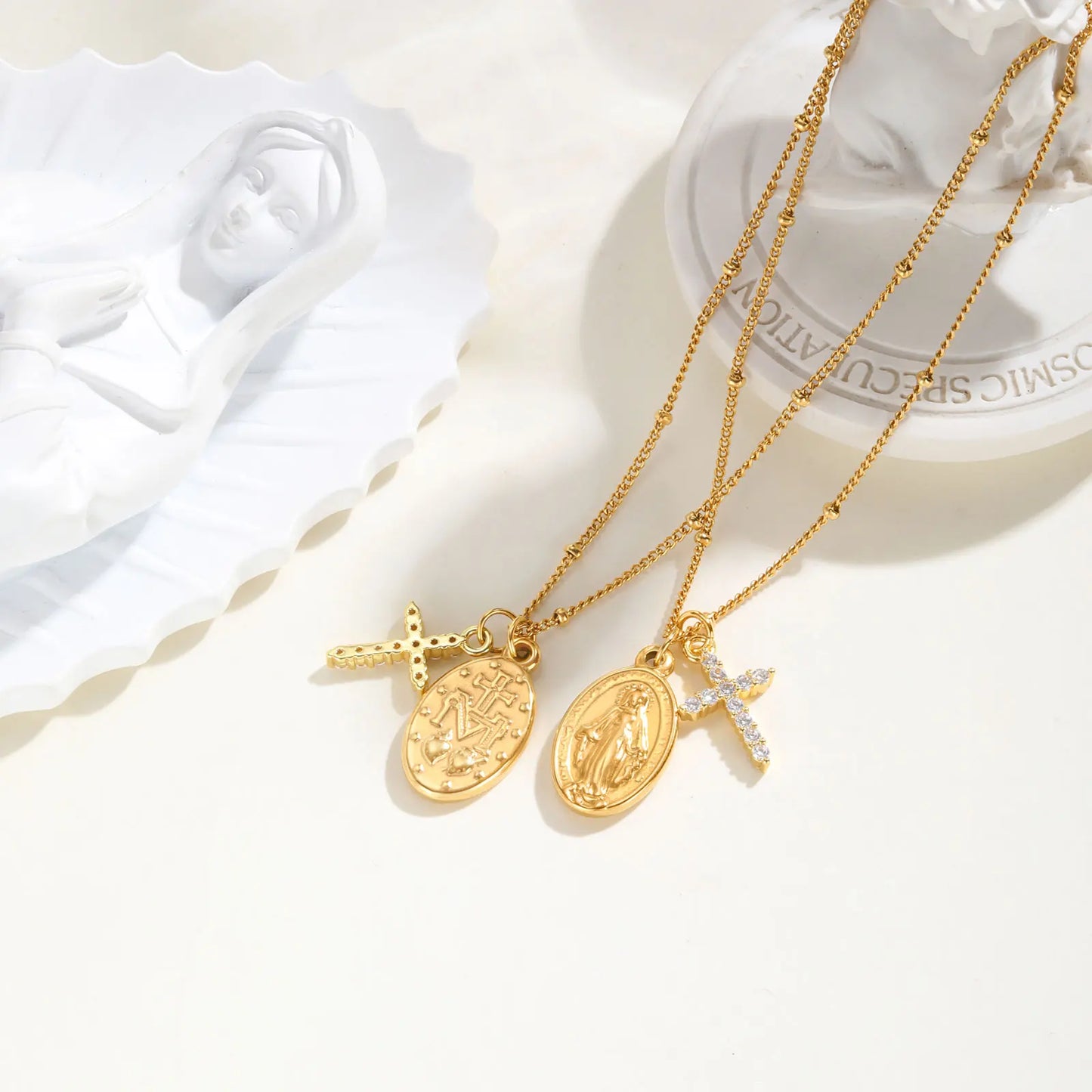 Zircon Cross Virgin Mary Pendant Necklace for Women,Stainless Steel Gold Plated Bead Chain Necklace, Religious Prayer Jewelry