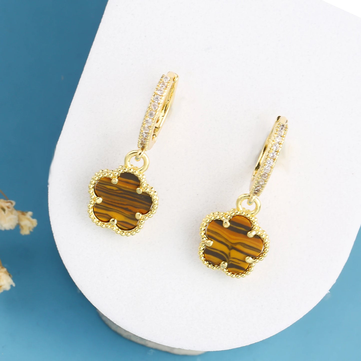 High Quality Natural Stone Five Leaf Flower Drop Earrings Simple for Woman Fashion Party Trend Zircon Jewelry Clover Gift