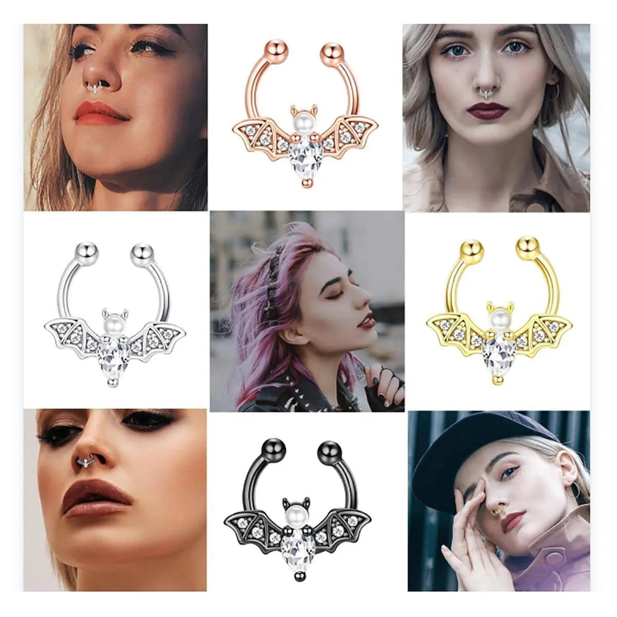 1Pc Fashion Cute Halloween Bat Fake Septum Nose Rings, Clip On Pearl Bat Septum Rings Cubic Zirconia Non Piercing Septum Jewelry
