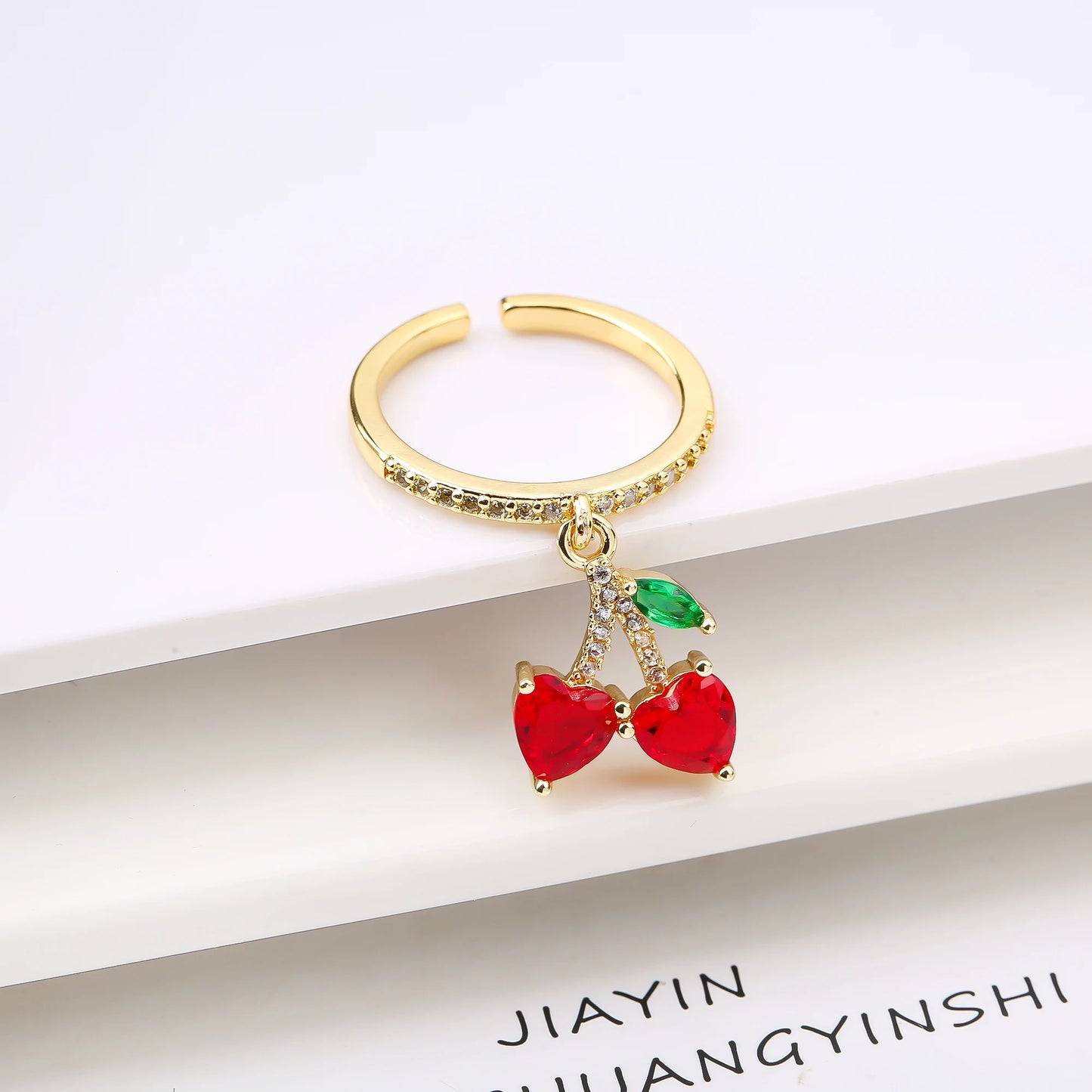 Sweet And Lovely Fruit Cherry Crystal Zirconia Opening Adjustable Ring Simple For Woman Girl Daily Party New Fashion Jewelry