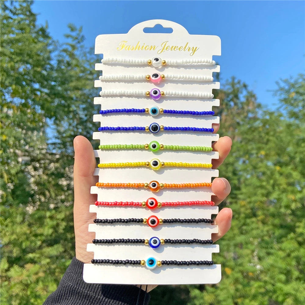 Wholesale 12Pcs/Set Colorful Natural Stone Bracelets Adjustable Rope Braided Bracelet Handmade Bohemia Bracelets with Cards